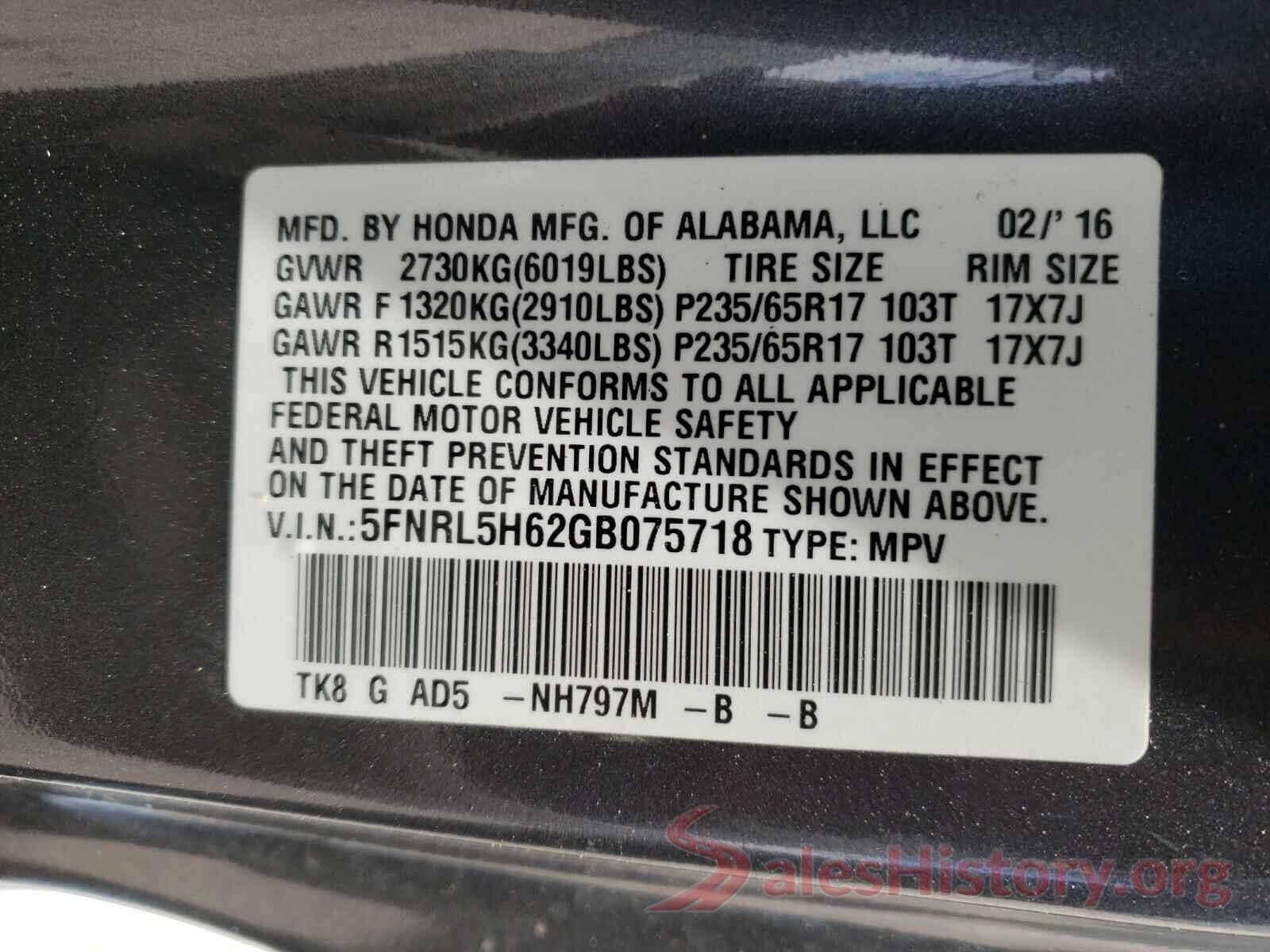 5FNRL5H62GB075718 2016 HONDA ODYSSEY