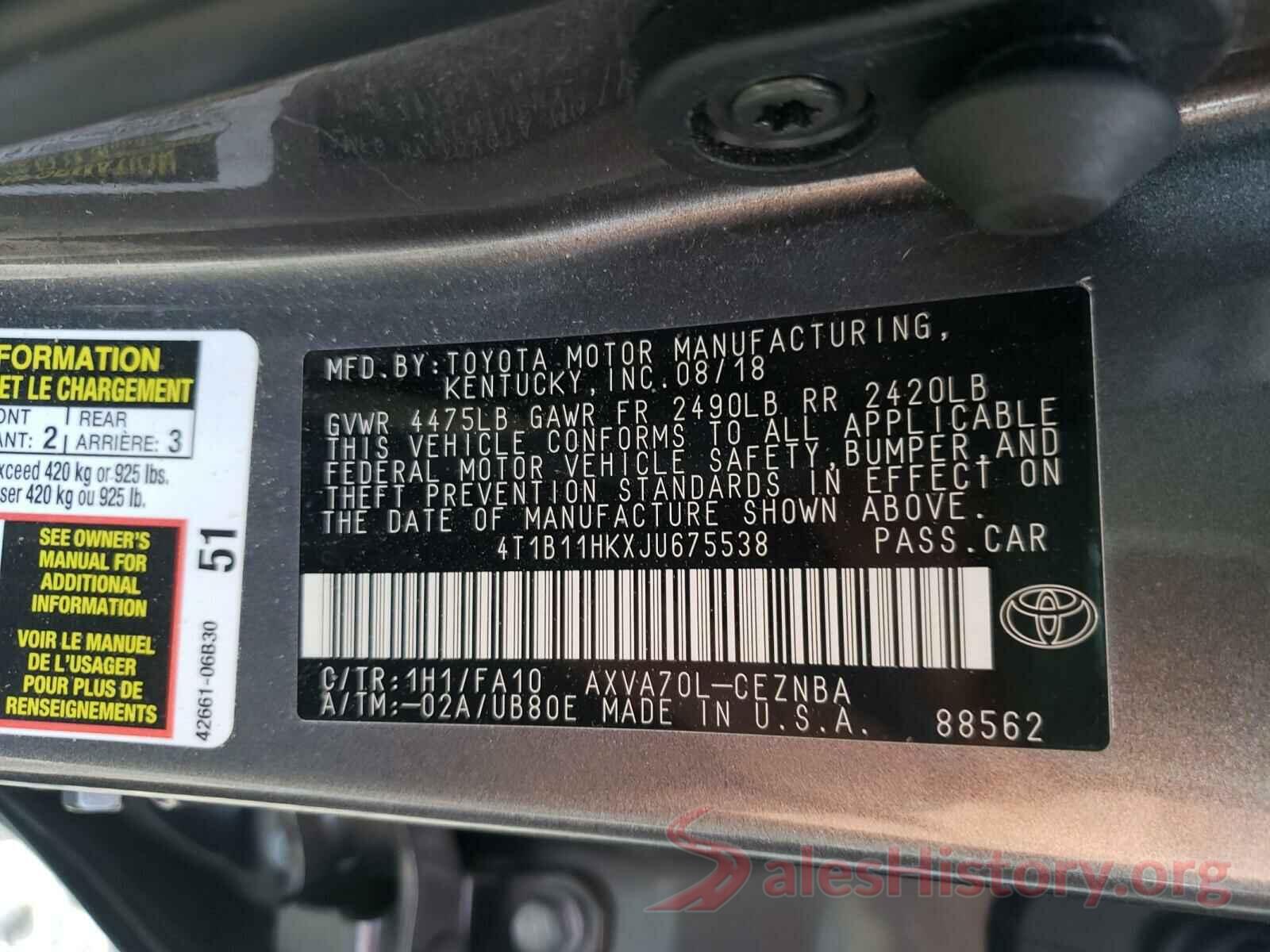 4T1B11HKXJU675538 2018 TOYOTA CAMRY