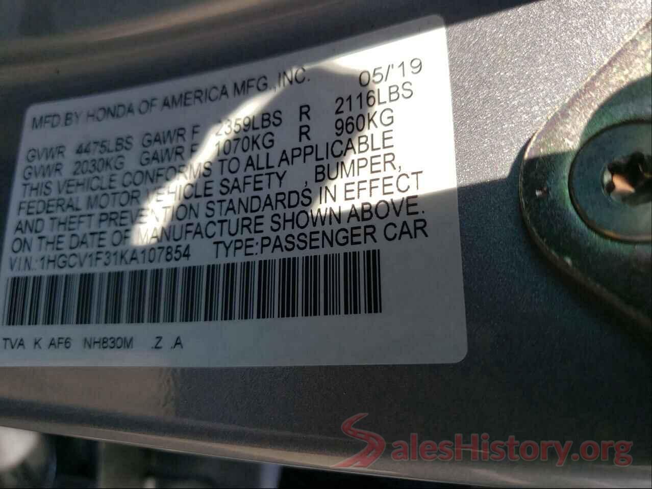 1HGCV1F31KA107854 2019 HONDA ACCORD