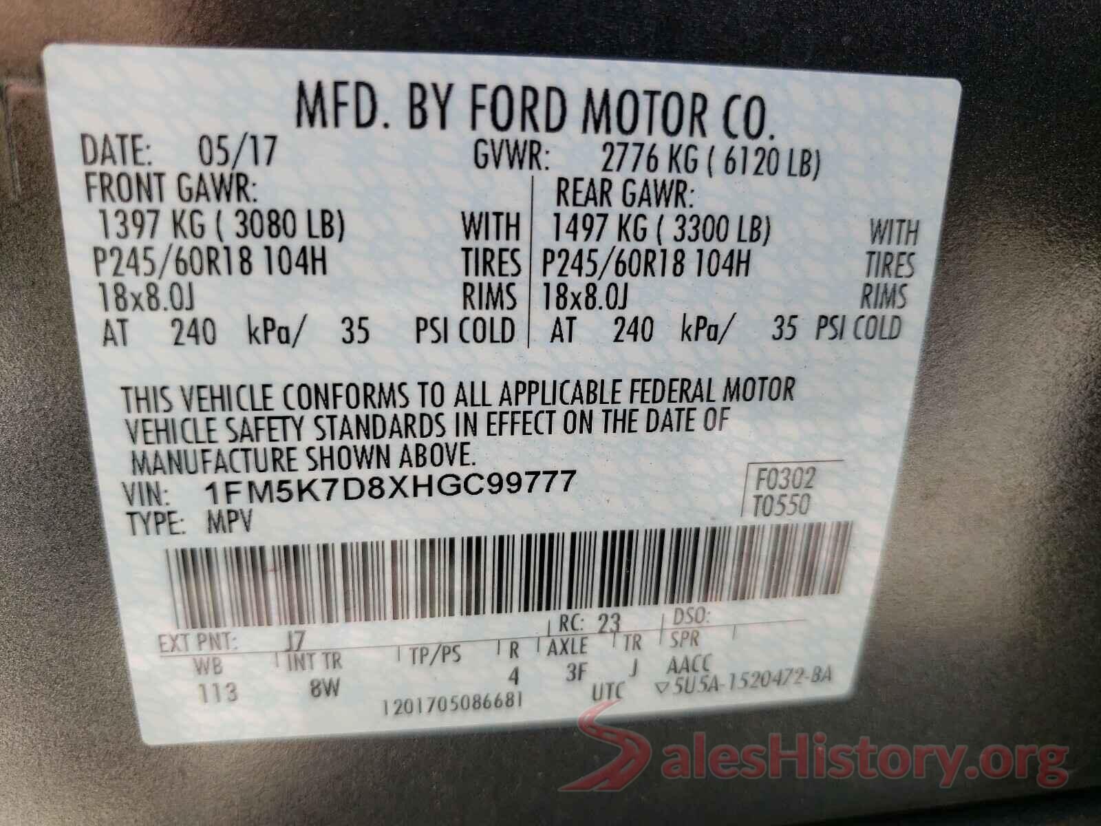 1FM5K7D8XHGC99777 2017 FORD EXPLORER