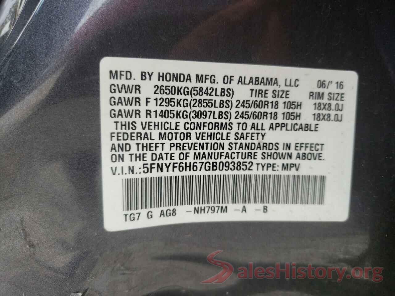 5FNYF6H67GB093852 2016 HONDA PILOT