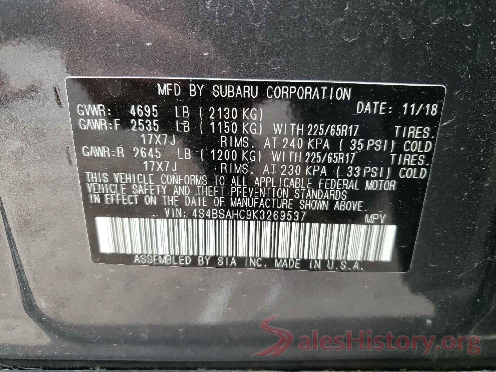 4S4BSAHC9K3269537 2019 SUBARU OUTBACK