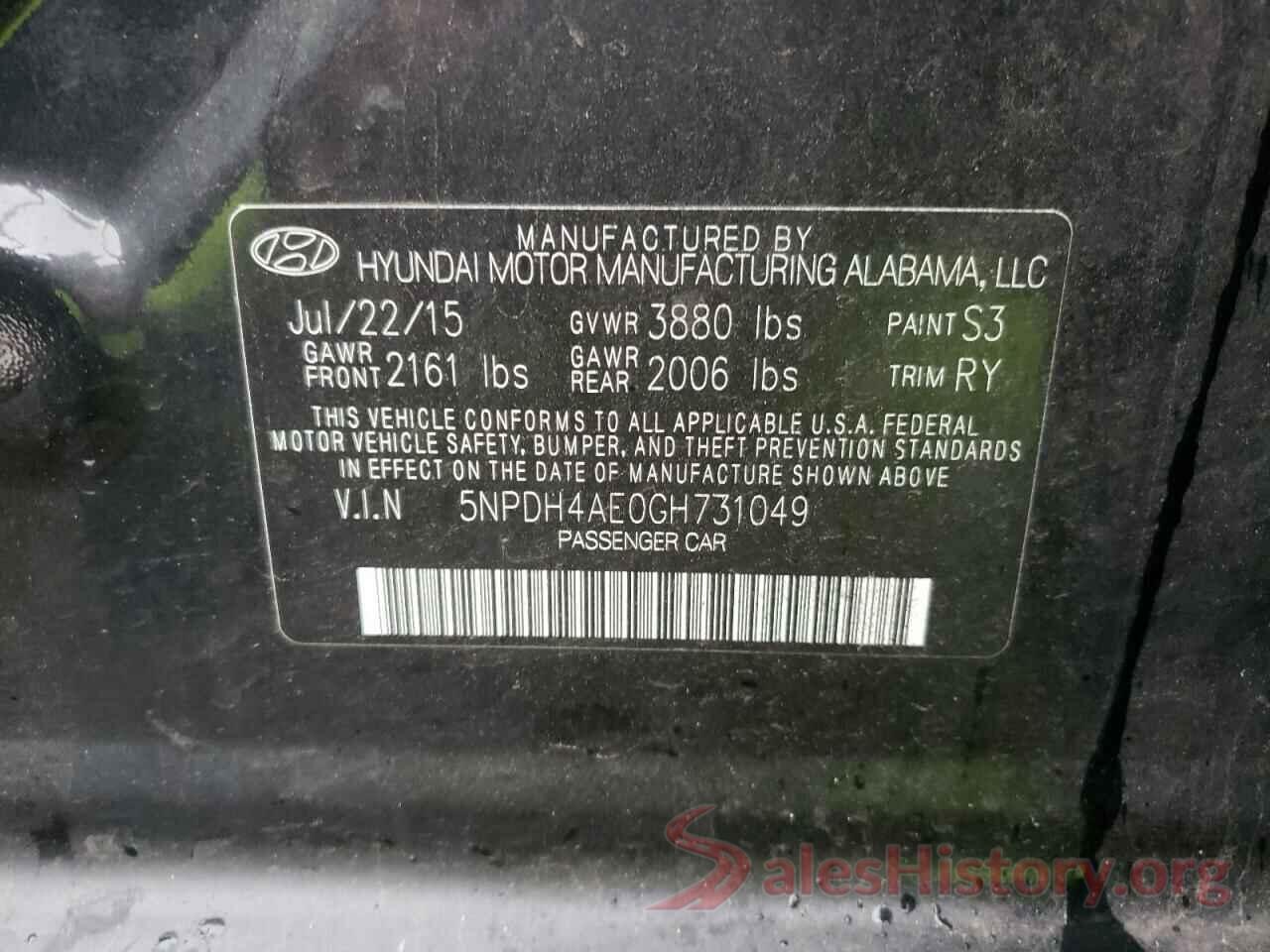 5NPDH4AE0GH731049 2016 HYUNDAI ELANTRA