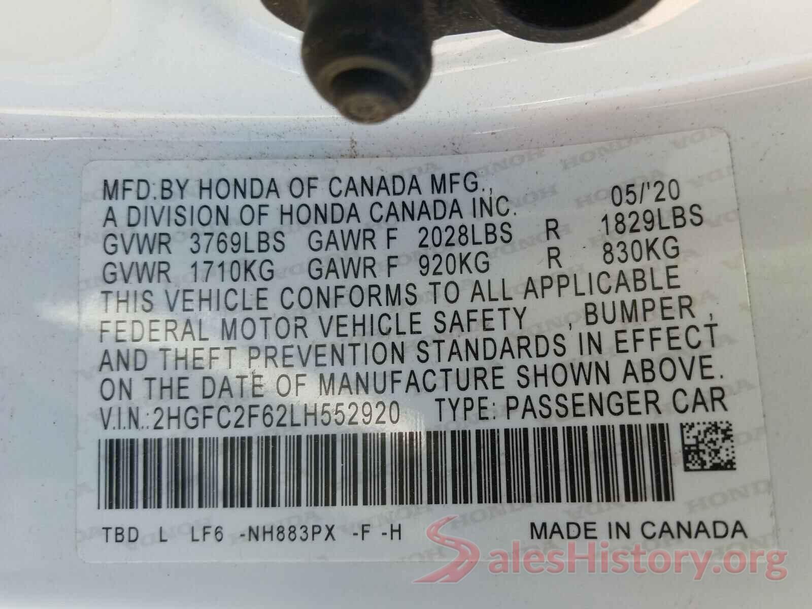 2HGFC2F62LH552920 2020 HONDA CIVIC