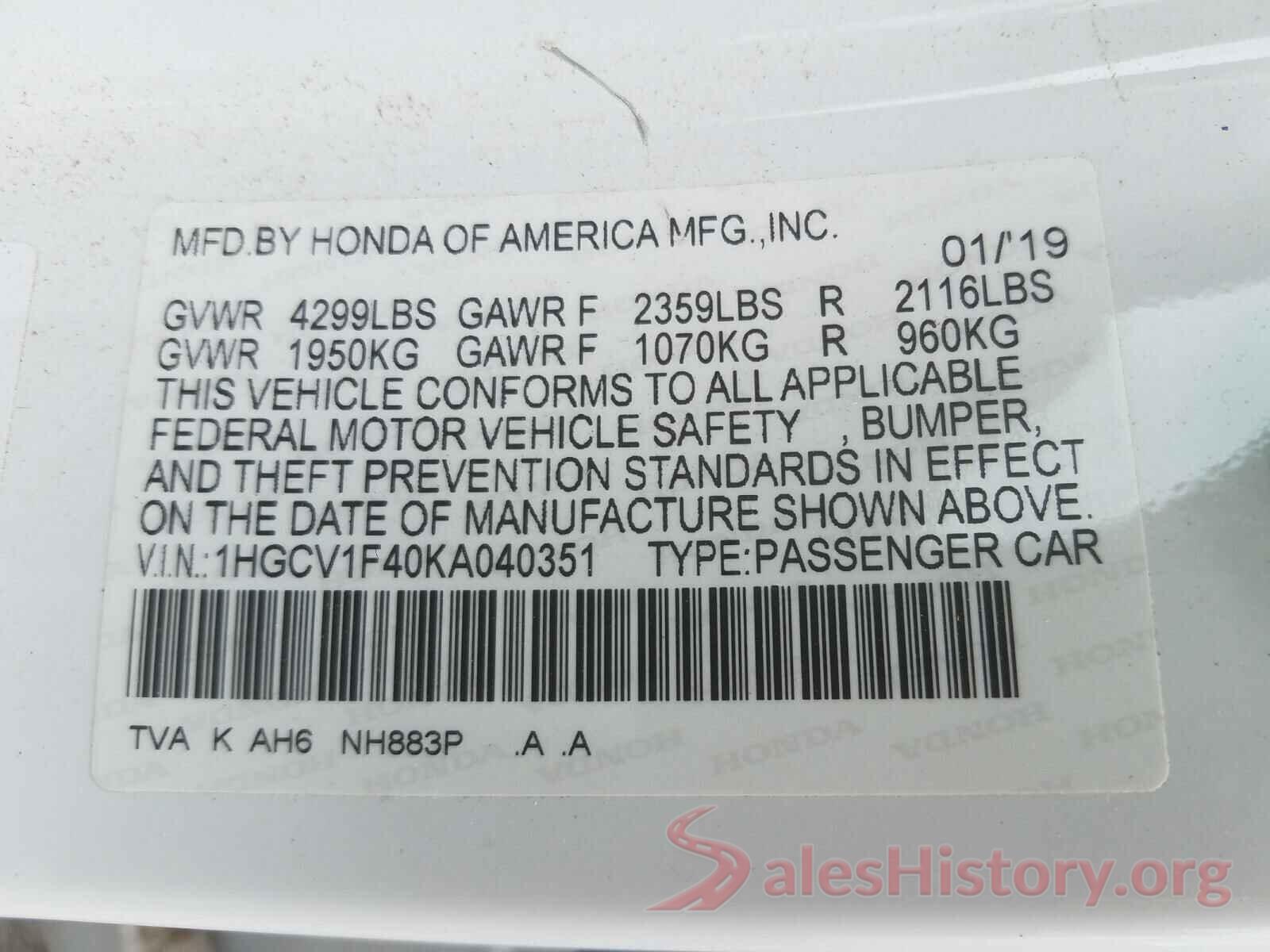 1HGCV1F40KA040351 2019 HONDA ACCORD