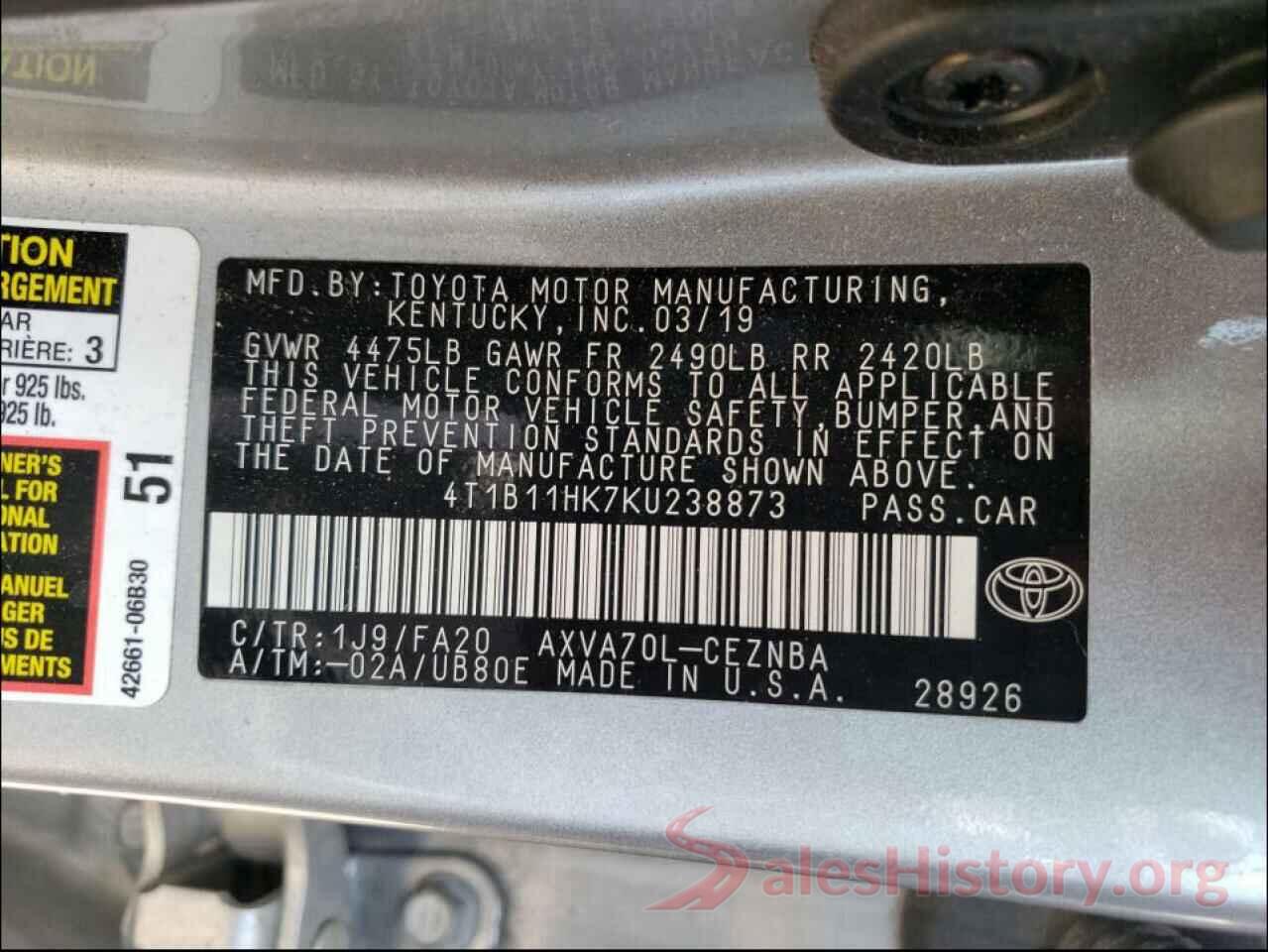 4T1B11HK7KU238873 2019 TOYOTA CAMRY