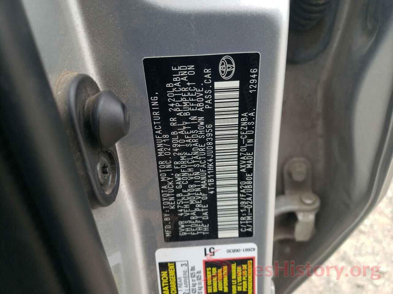 4T1B11HK4JU083956 2018 TOYOTA CAMRY