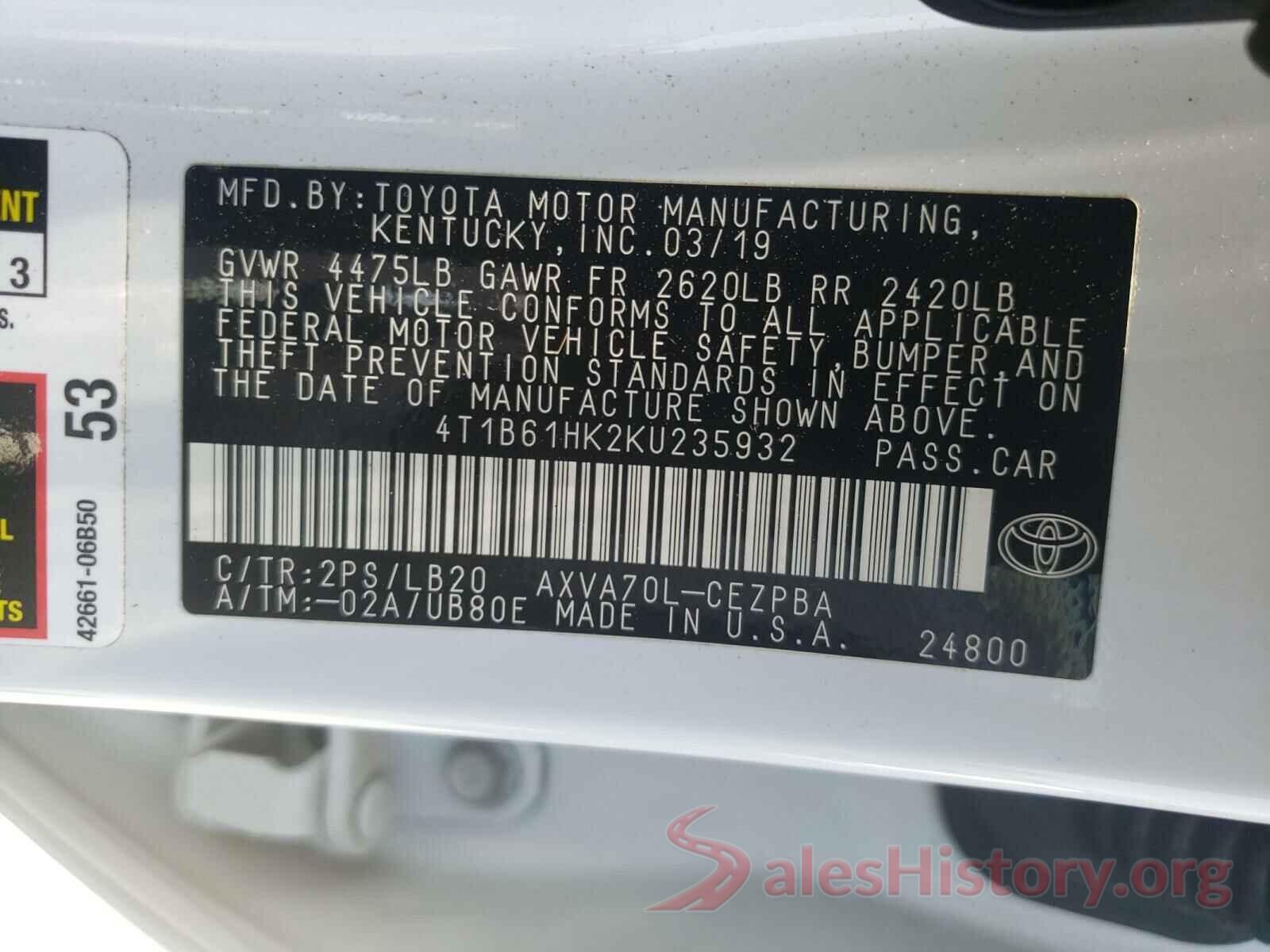 4T1B61HK2KU235932 2019 TOYOTA CAMRY