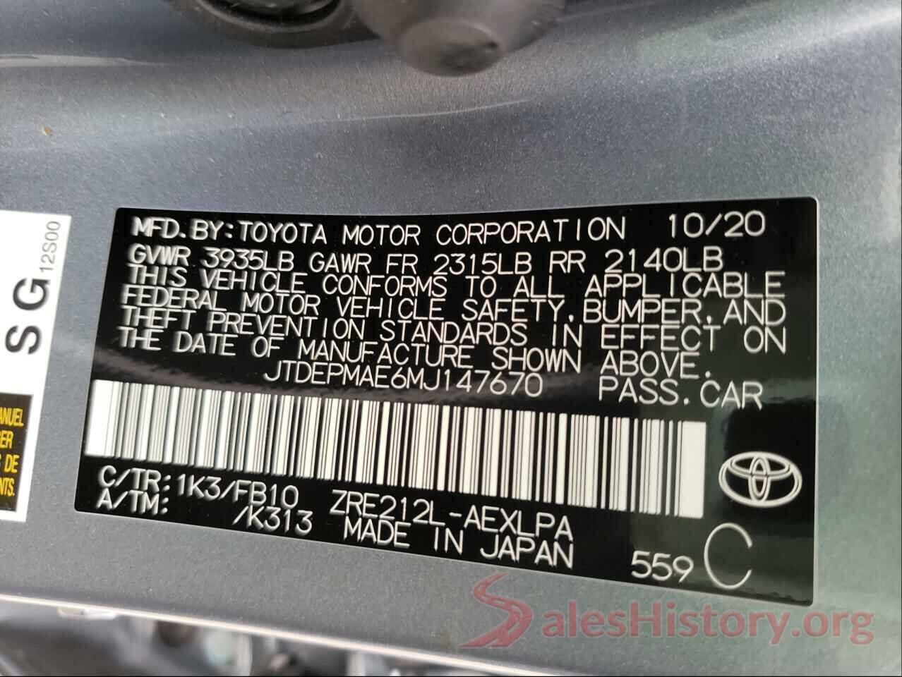 JTDEPMAE6MJ147670 2021 TOYOTA COROLLA