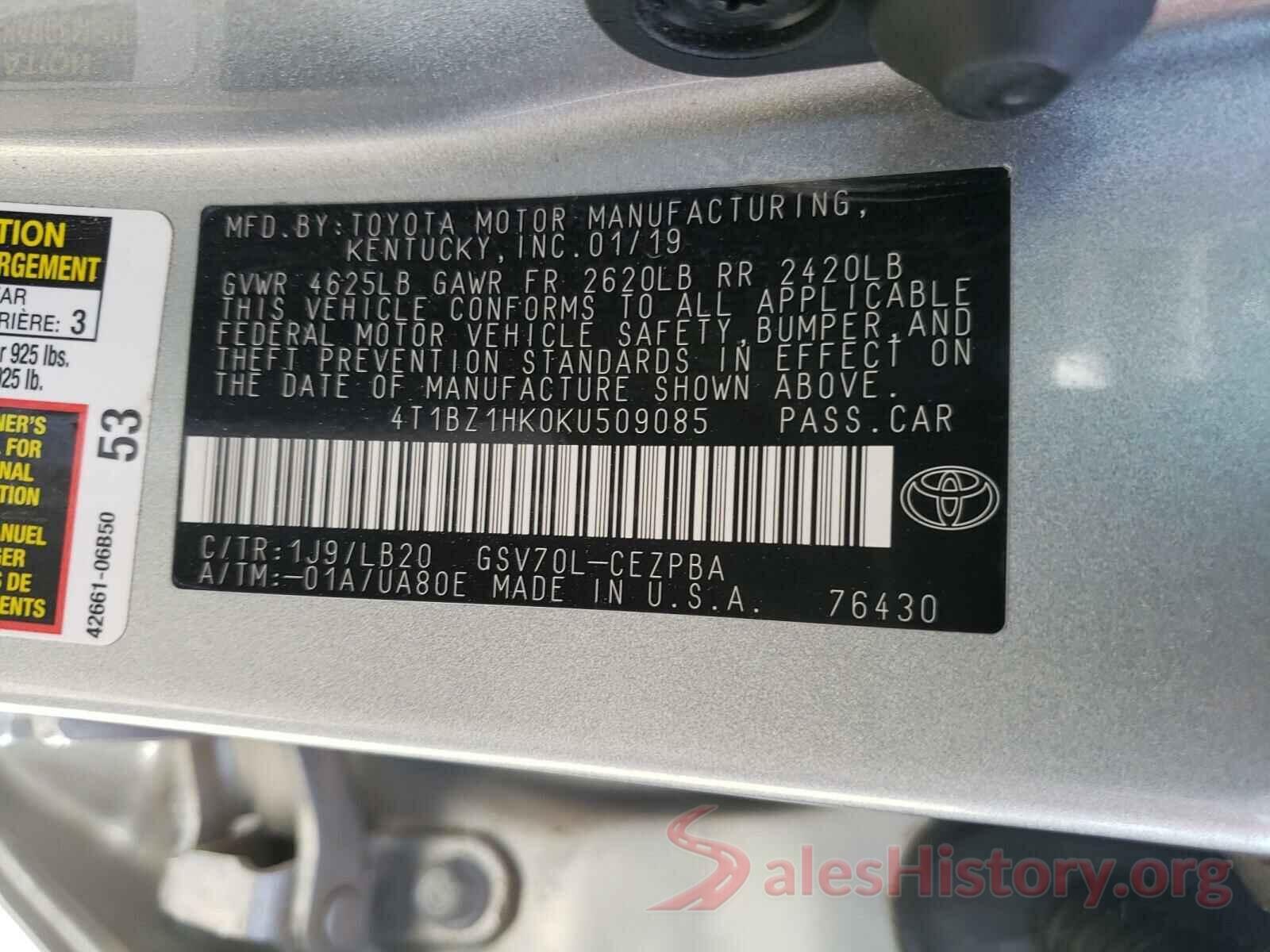 4T1BZ1HK0KU509085 2019 TOYOTA CAMRY