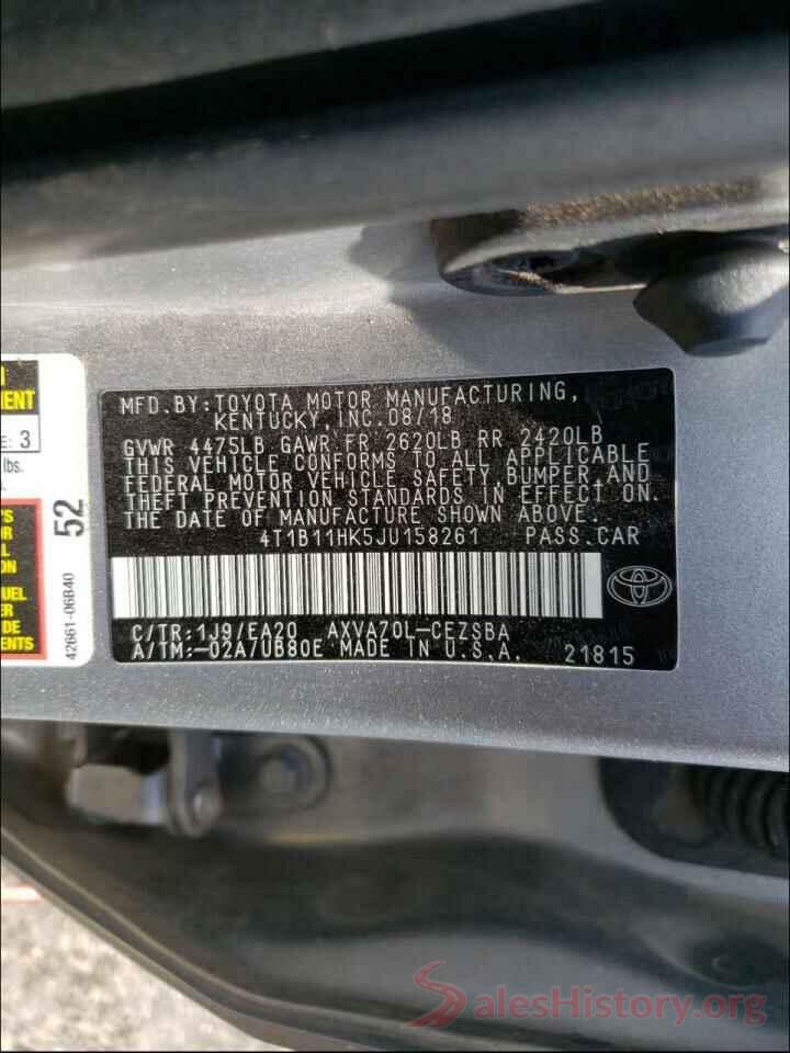 4T1B11HK5JU158261 2018 TOYOTA CAMRY