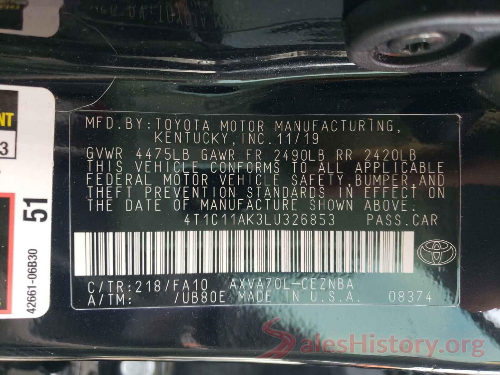 4T1C11AK3LU326853 2020 TOYOTA CAMRY