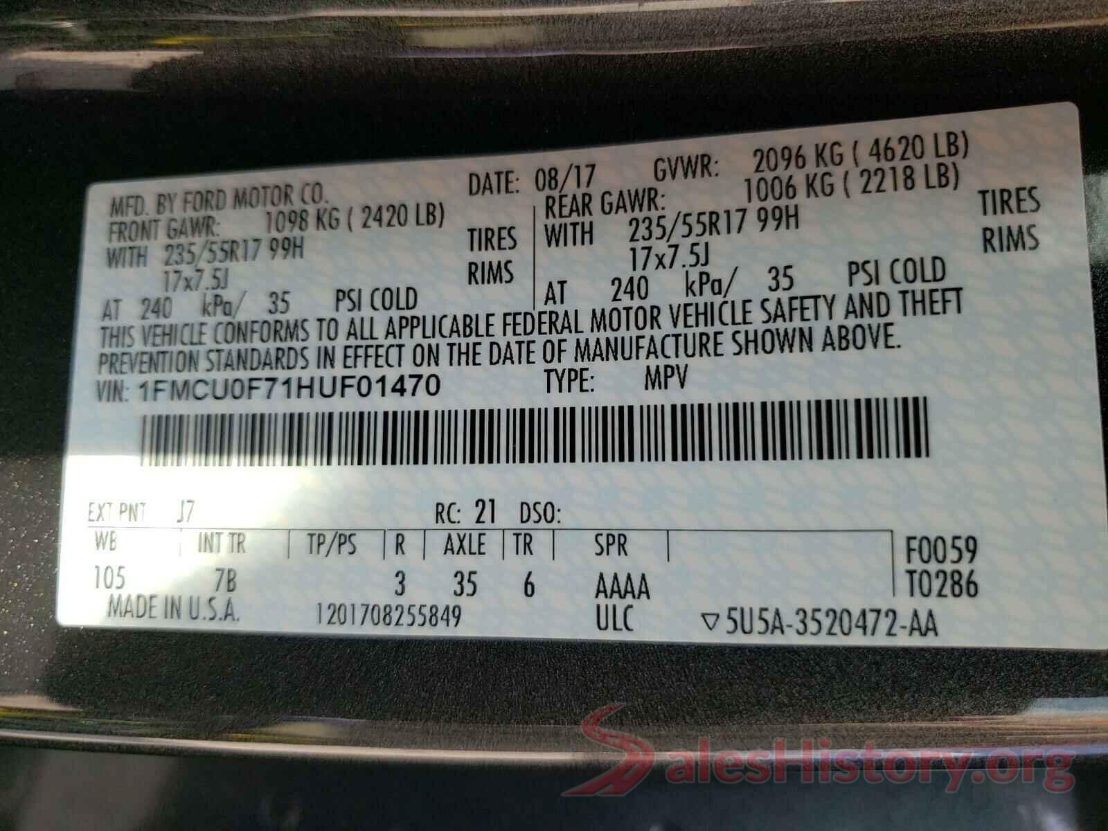 1FMCU0F71HUF01470 2017 FORD ESCAPE