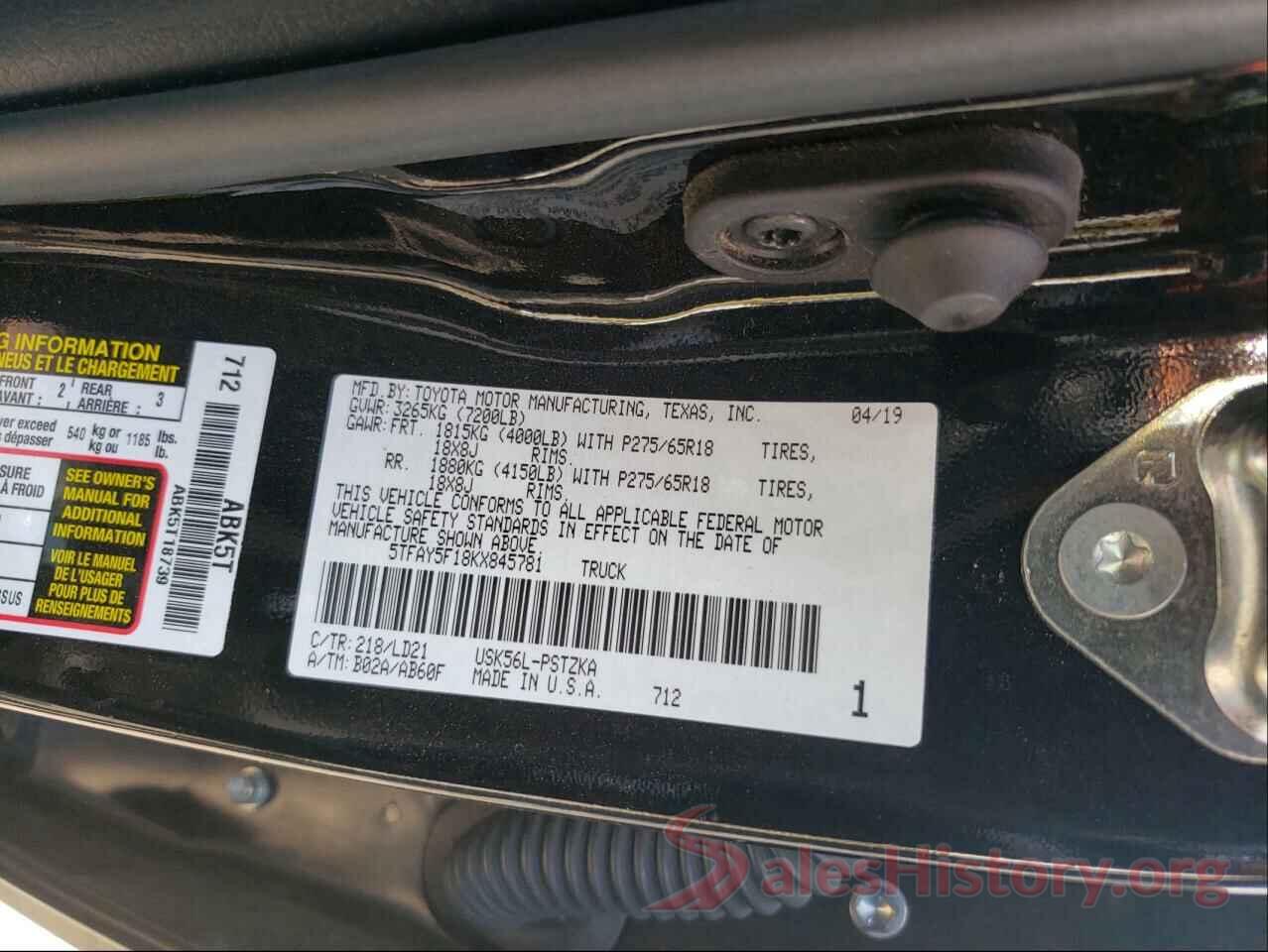 5TFAY5F18KX845781 2019 TOYOTA TUNDRA