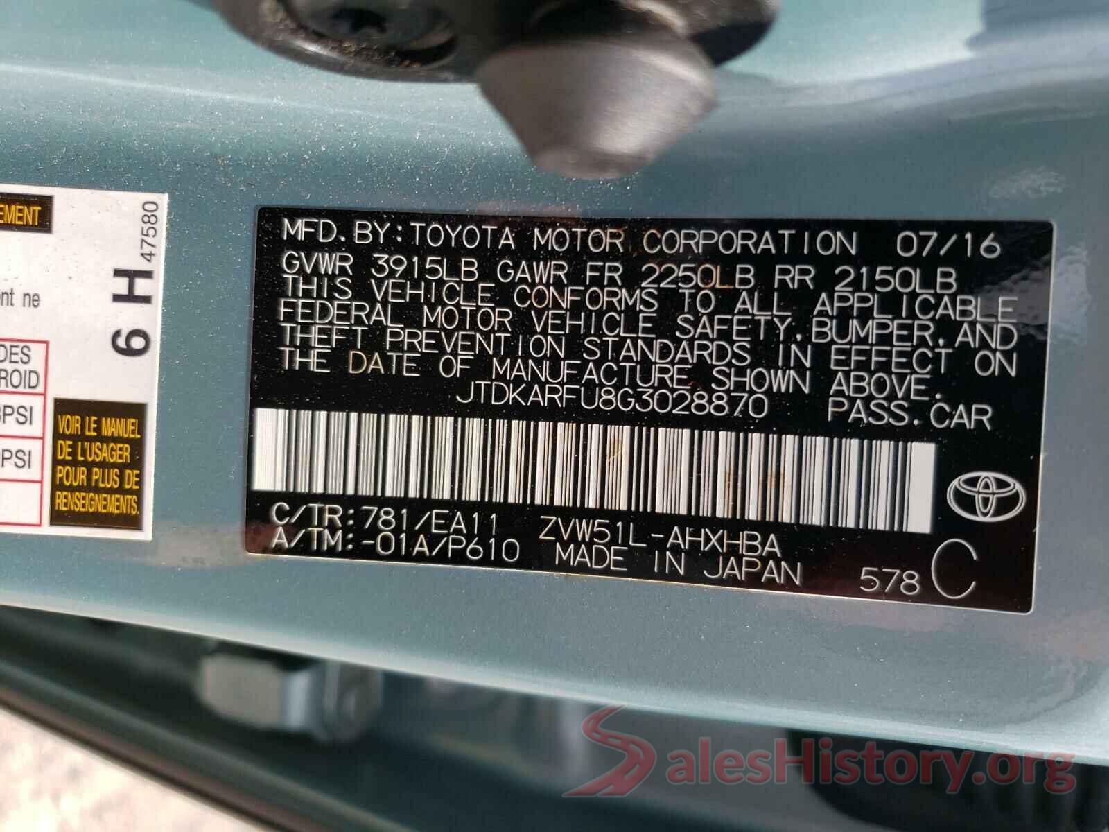 JTDKARFU8G3028870 2016 TOYOTA PRIUS