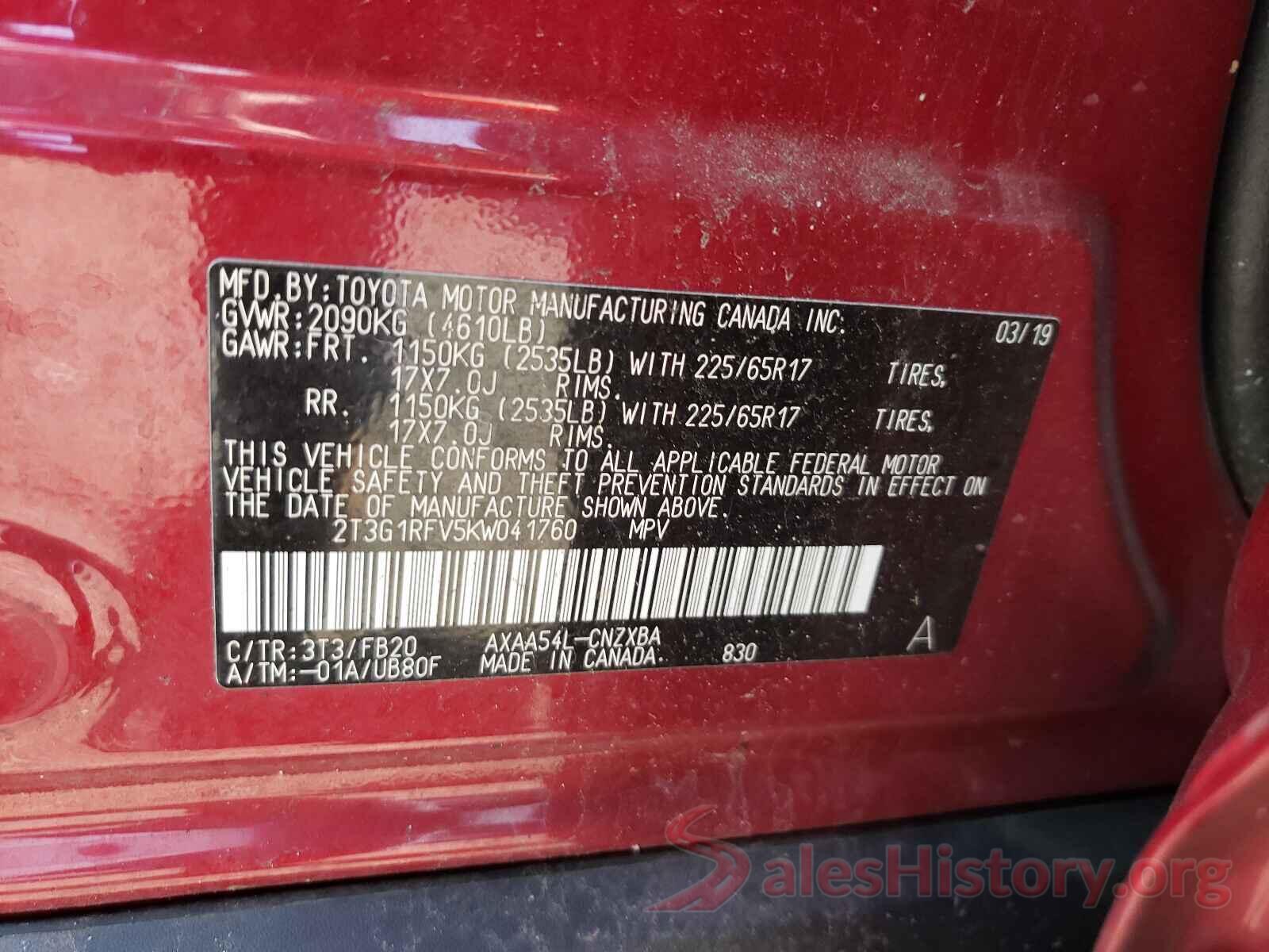 2T3G1RFV5KW041760 2019 TOYOTA RAV4