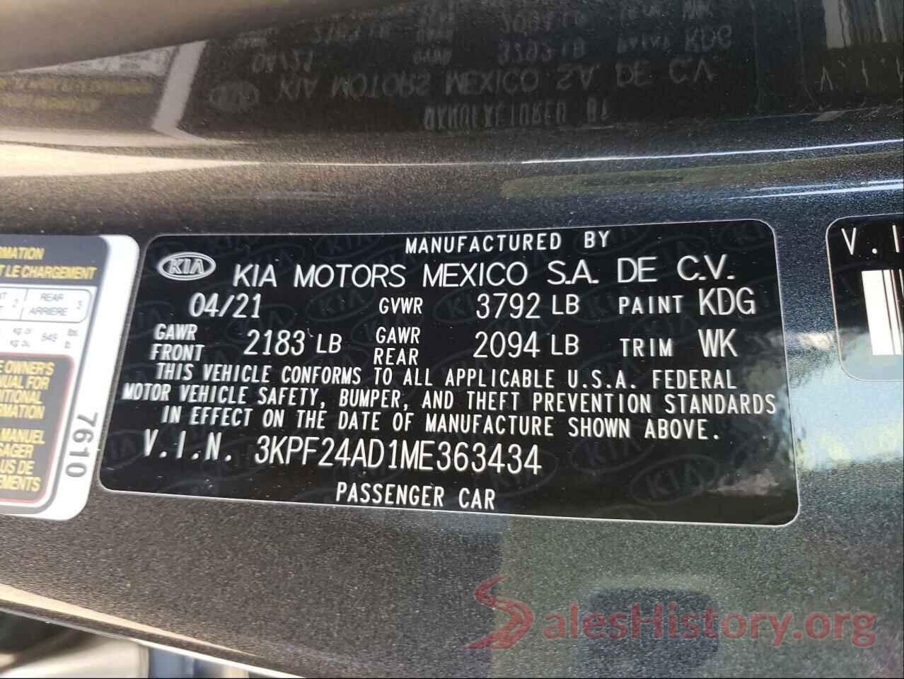 3KPF24AD1ME363434 2021 KIA FORTE