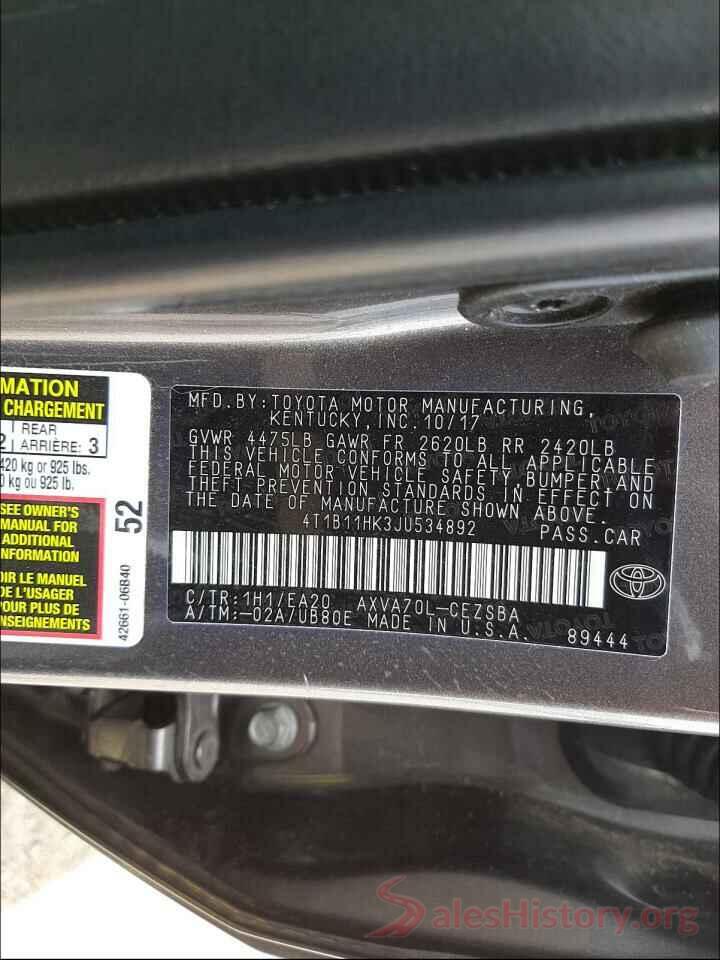 4T1B11HK3JU534892 2018 TOYOTA CAMRY