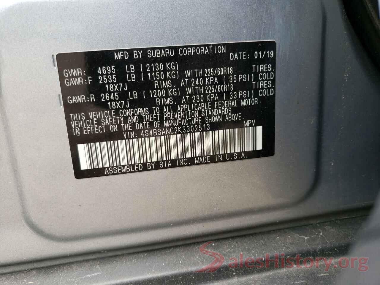 4S4BSANC2K3302513 2019 SUBARU OUTBACK