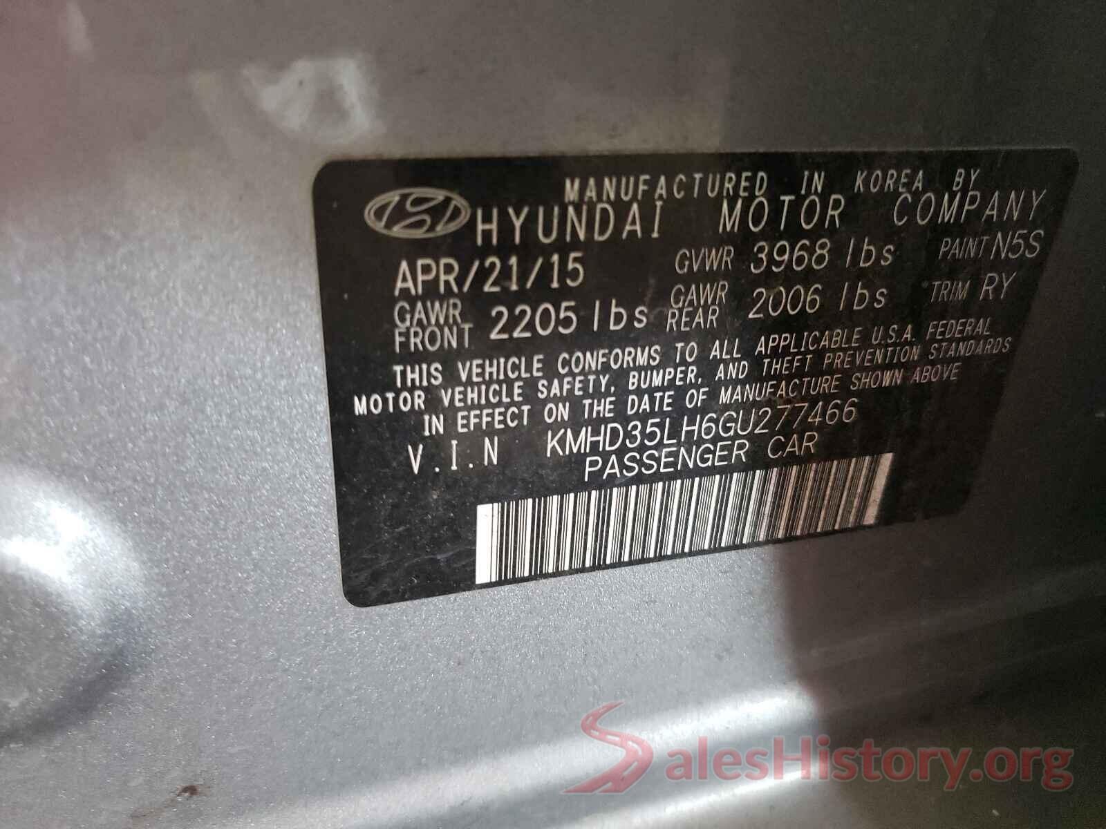 KMHD35LH6GU277466 2016 HYUNDAI ELANTRA