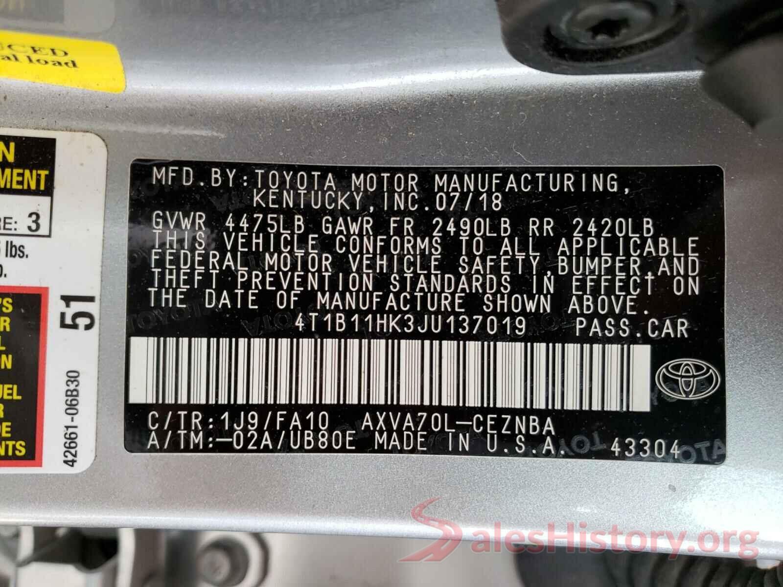 4T1B11HK3JU137019 2018 TOYOTA CAMRY