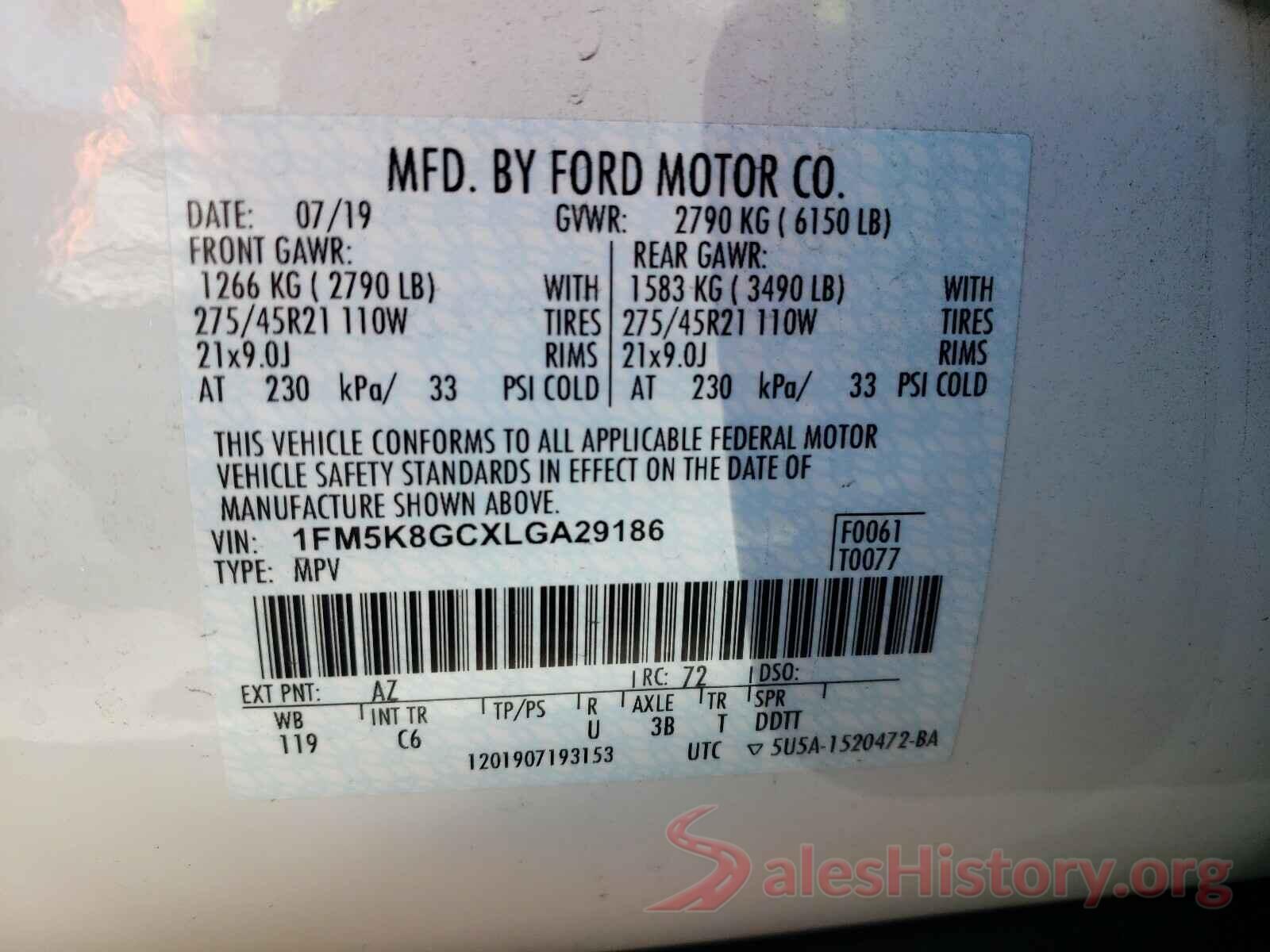 1FM5K8GCXLGA29186 2020 FORD EXPLORER