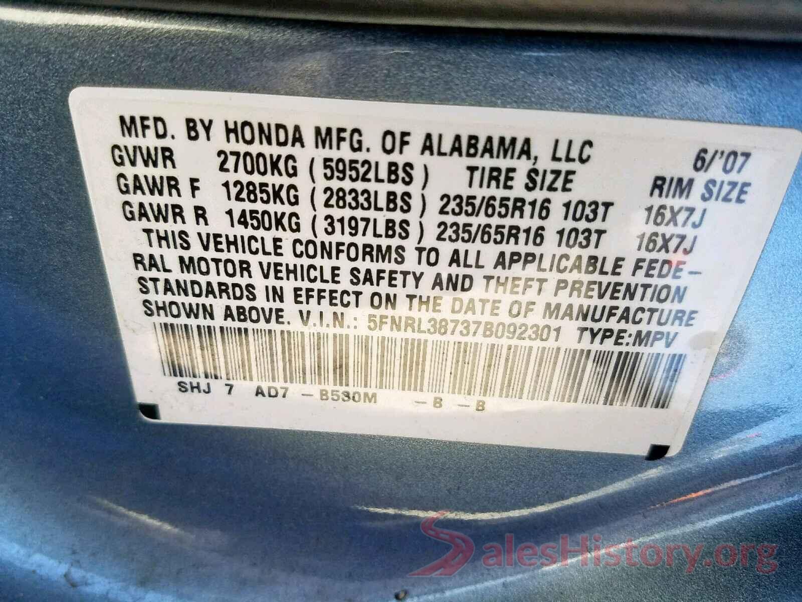 5FNRL38737B092301 2007 HONDA ODYSSEY EX