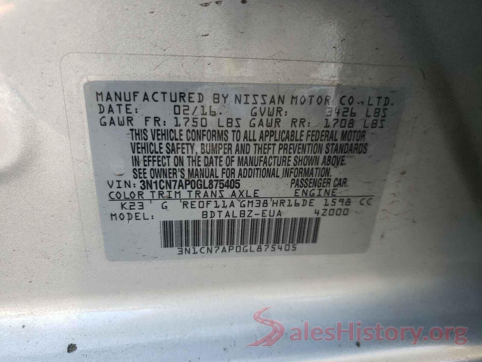 3N1CN7AP0GL875405 2016 NISSAN VERSA