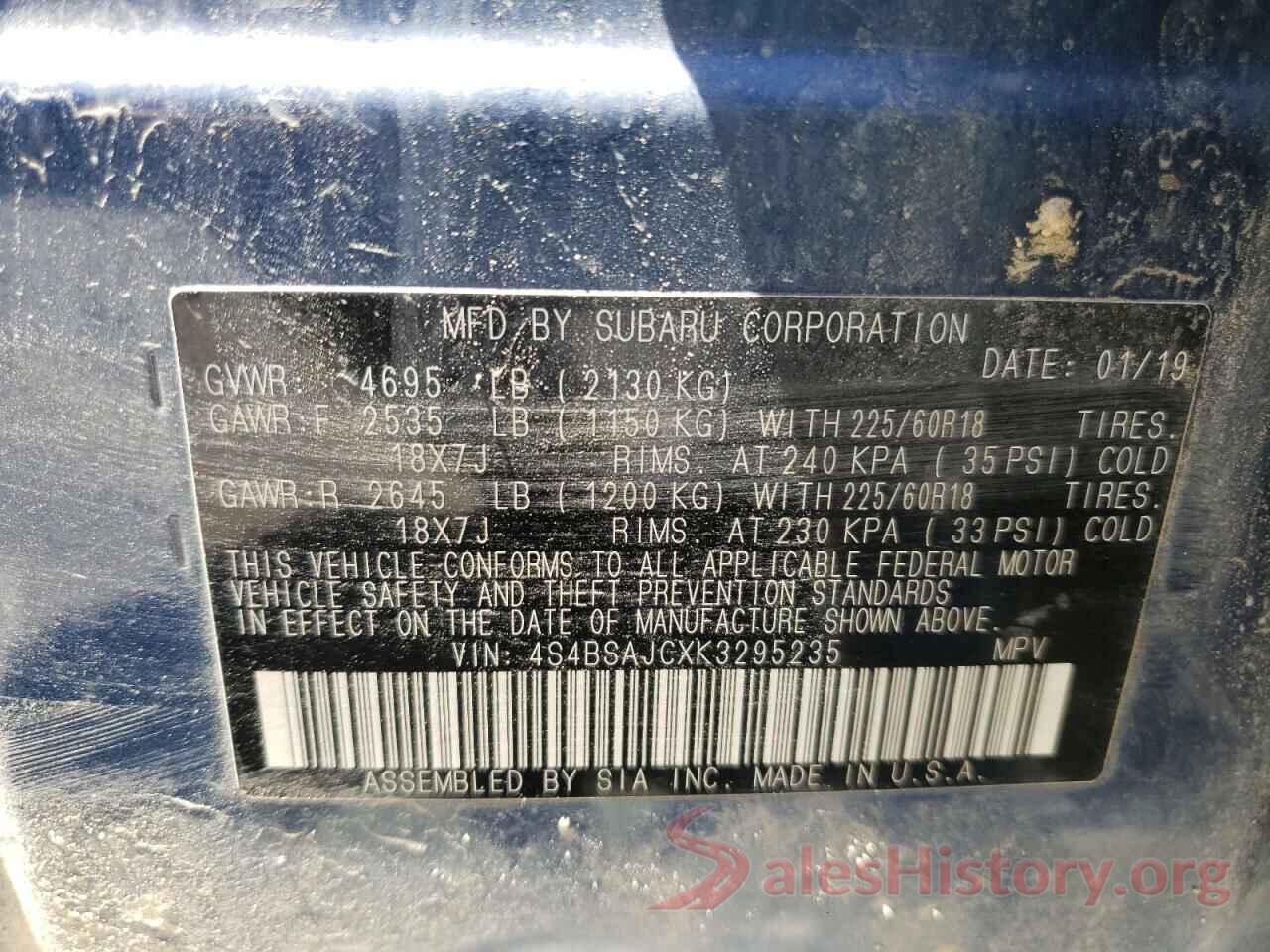 4S4BSAJCXK3295235 2019 SUBARU OUTBACK