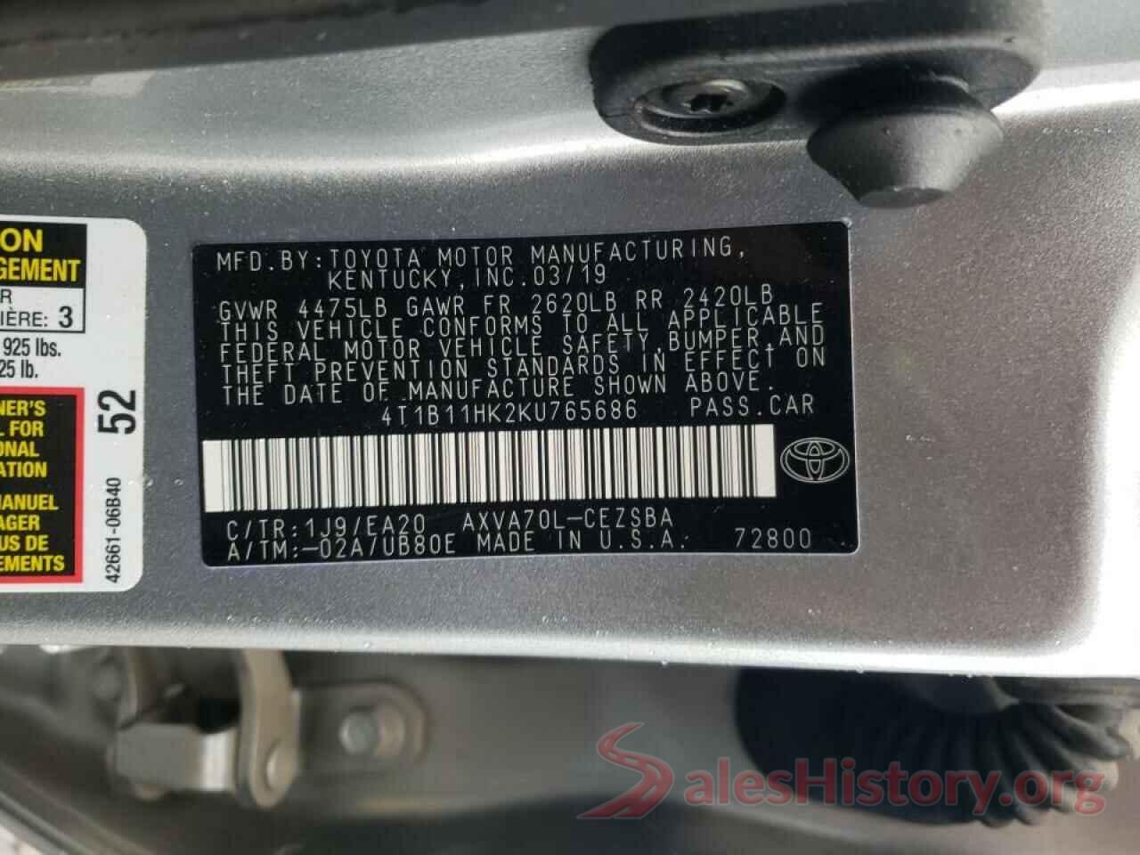 4T1B11HK2KU765686 2019 TOYOTA CAMRY