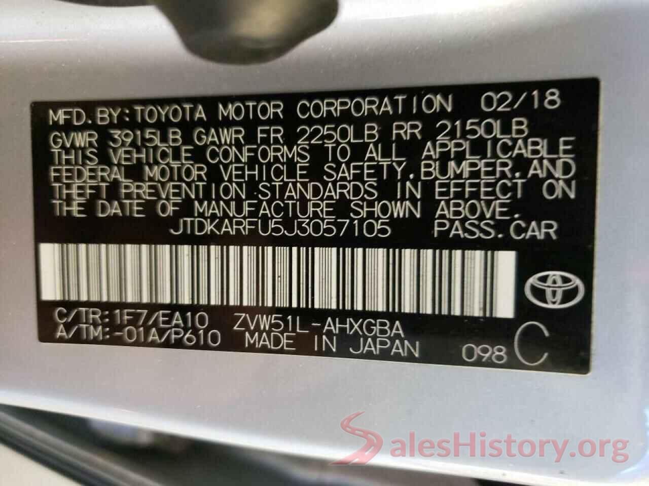 JTDKARFU5J3057105 2018 TOYOTA PRIUS