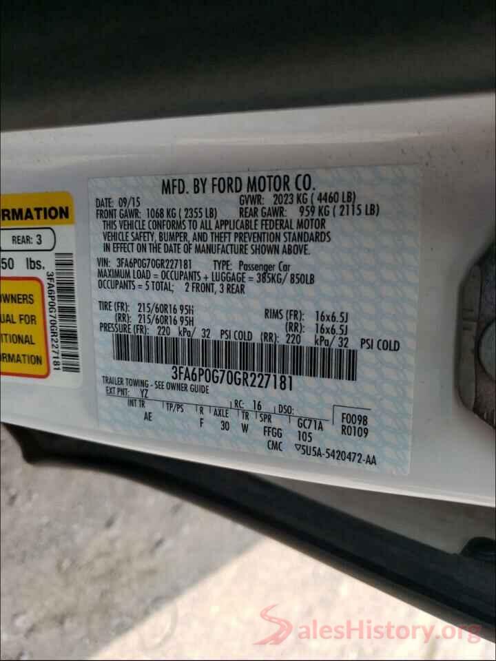 3FA6P0G70GR227181 2016 FORD FUSION