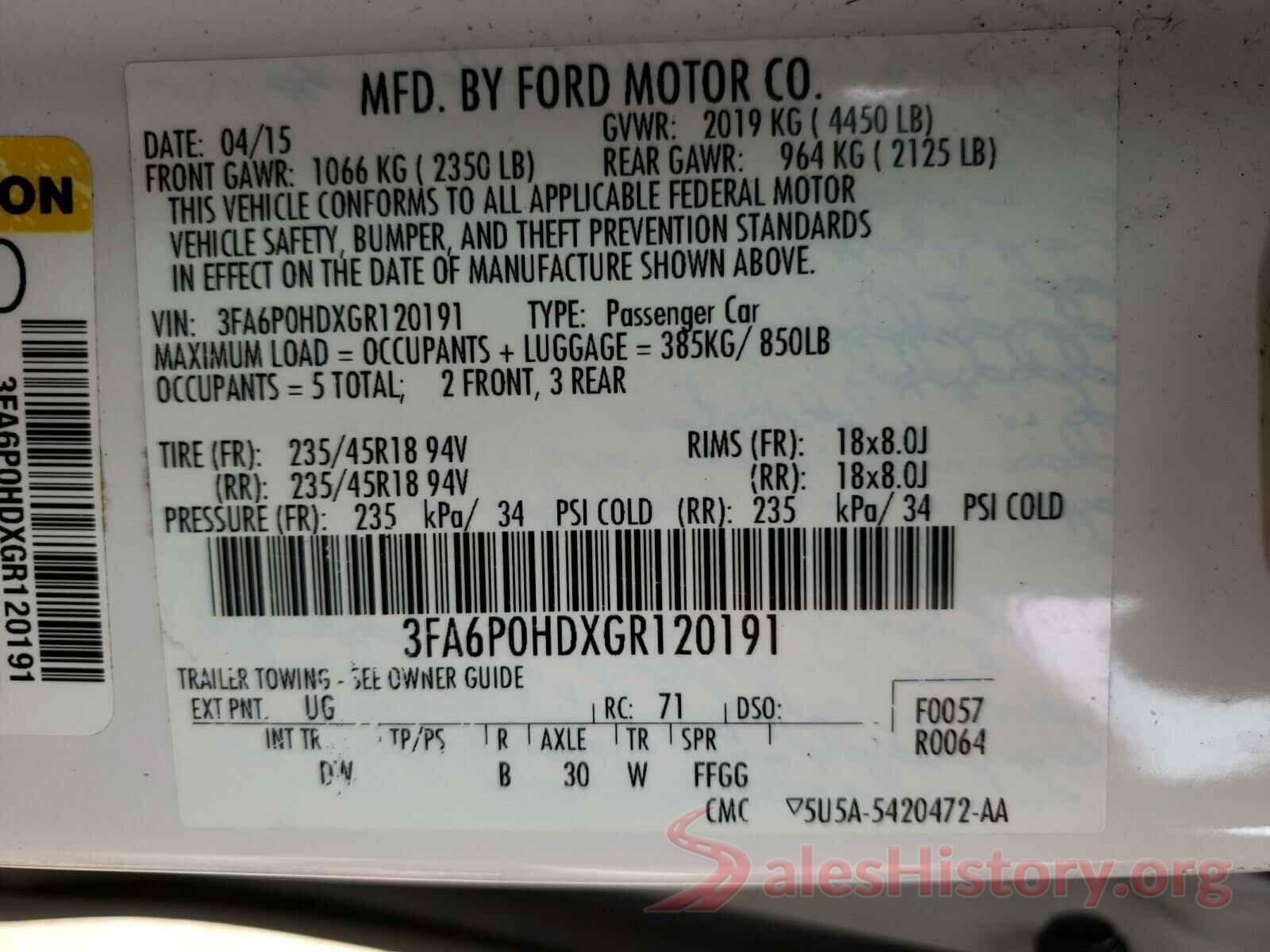 3FA6P0HDXGR120191 2016 FORD FUSION