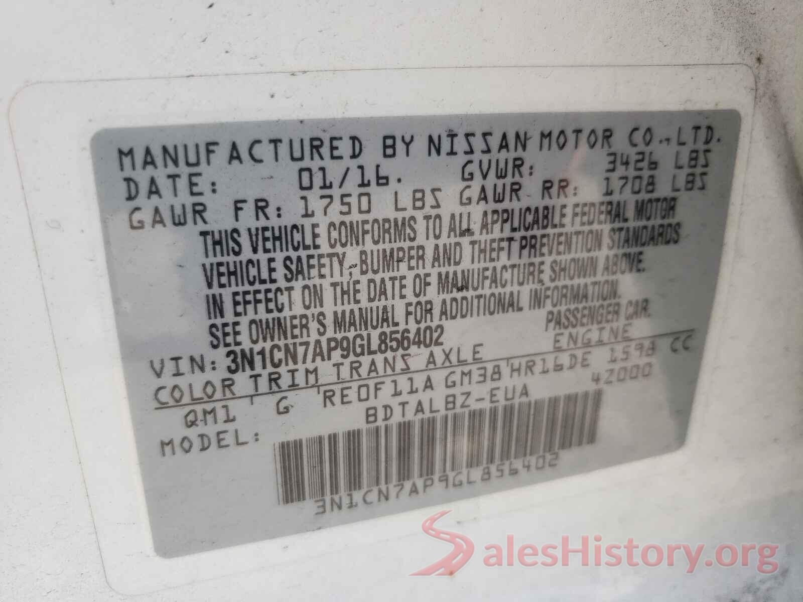 3N1CN7AP9GL856402 2016 NISSAN VERSA