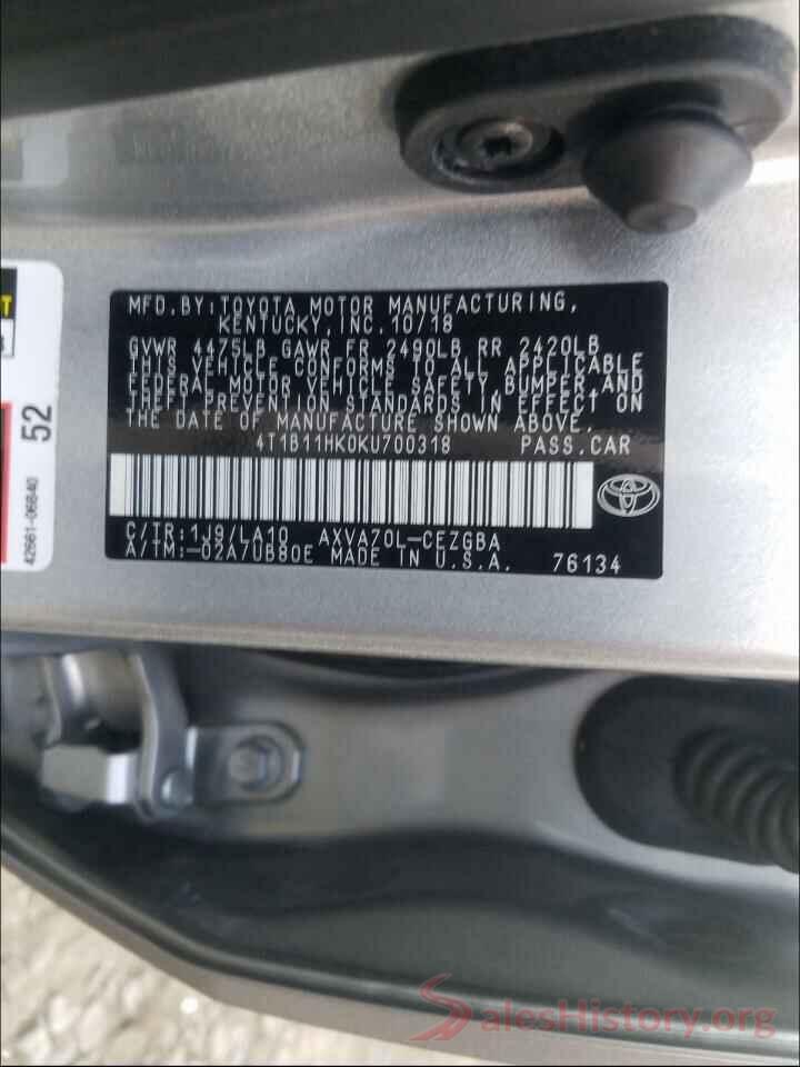 4T1B11HK0KU700318 2019 TOYOTA CAMRY