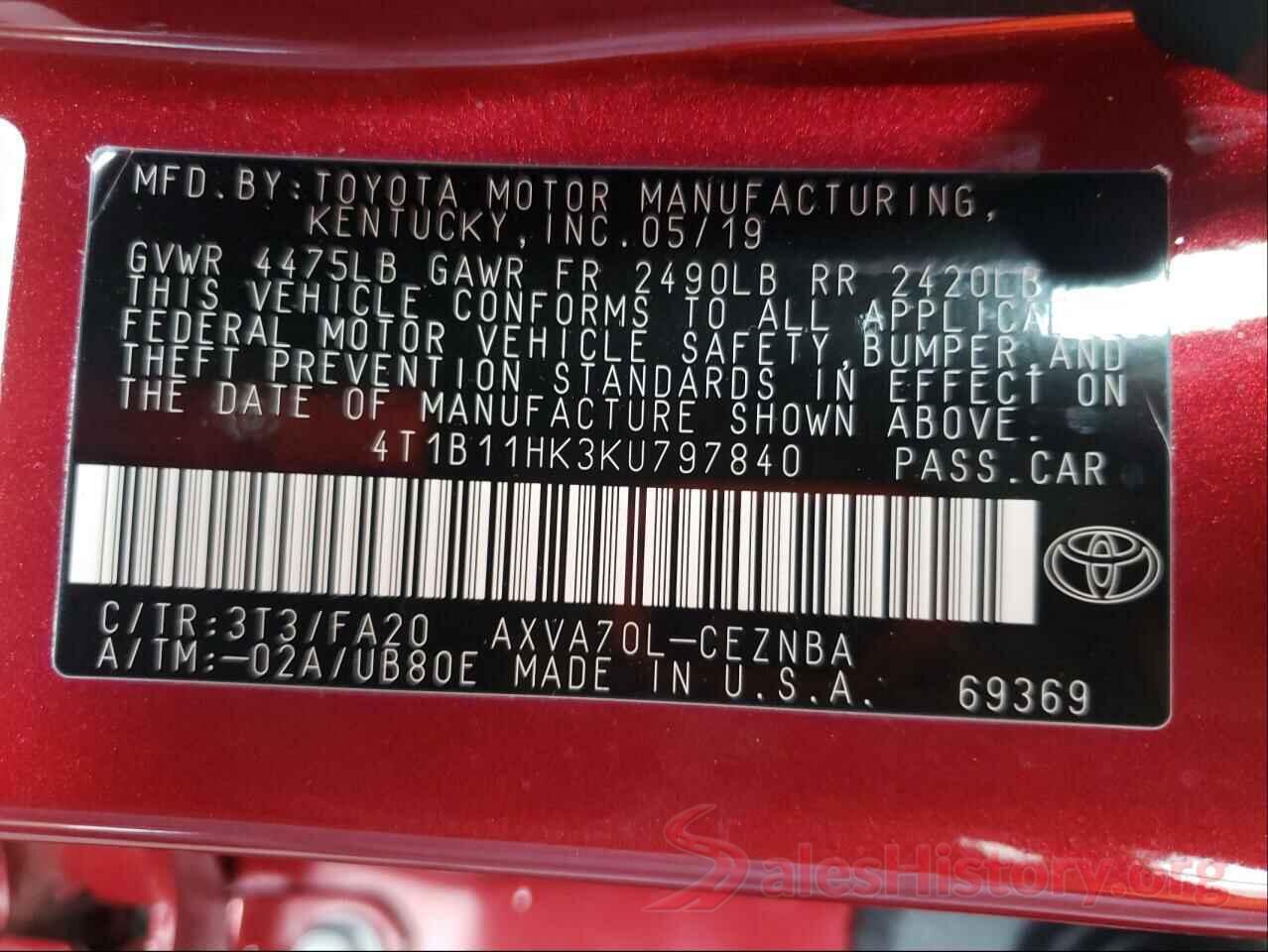 4T1B11HK3KU797840 2019 TOYOTA CAMRY