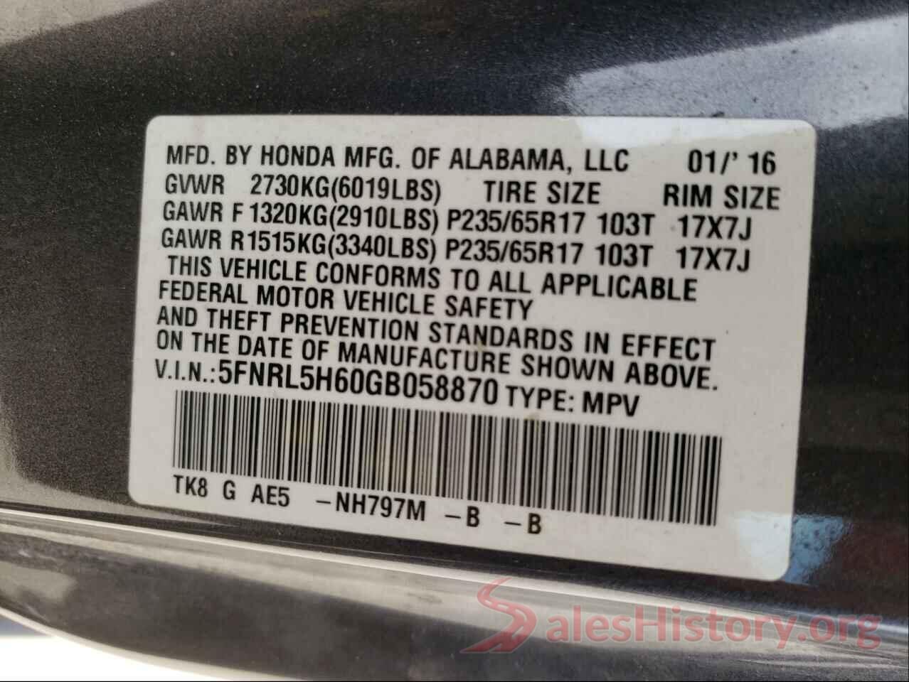 5FNRL5H60GB058870 2016 HONDA ODYSSEY