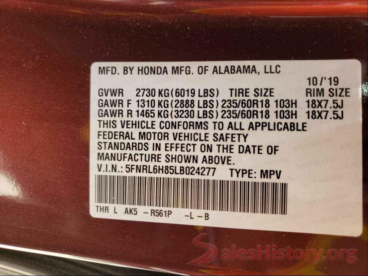 5FNRL6H85LB024277 2020 HONDA ODYSSEY