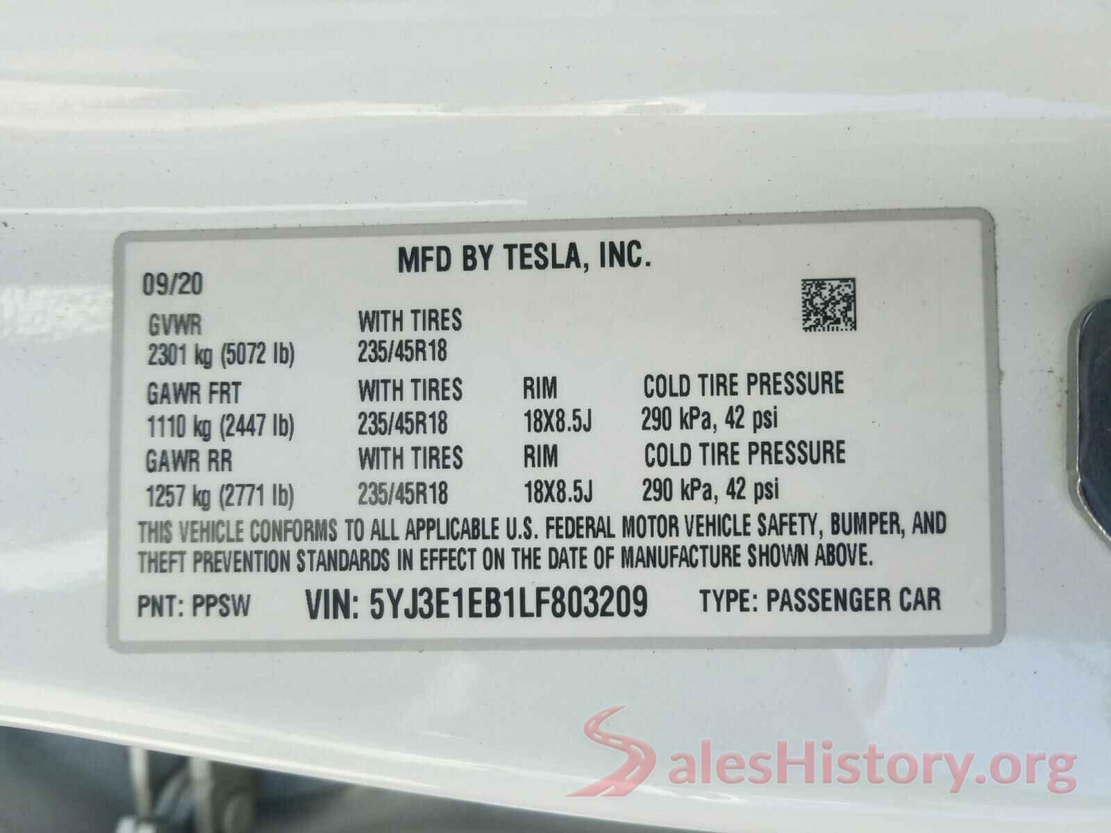 5YJ3E1EB1LF803209 2020 TESLA MODEL 3