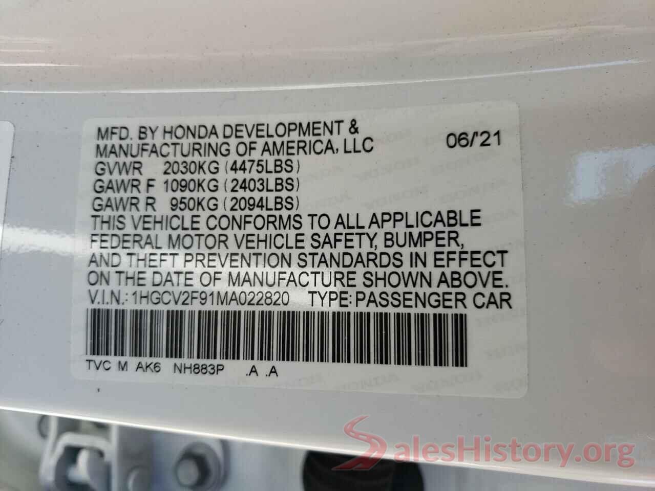 1HGCV2F91MA022820 2021 HONDA ACCORD