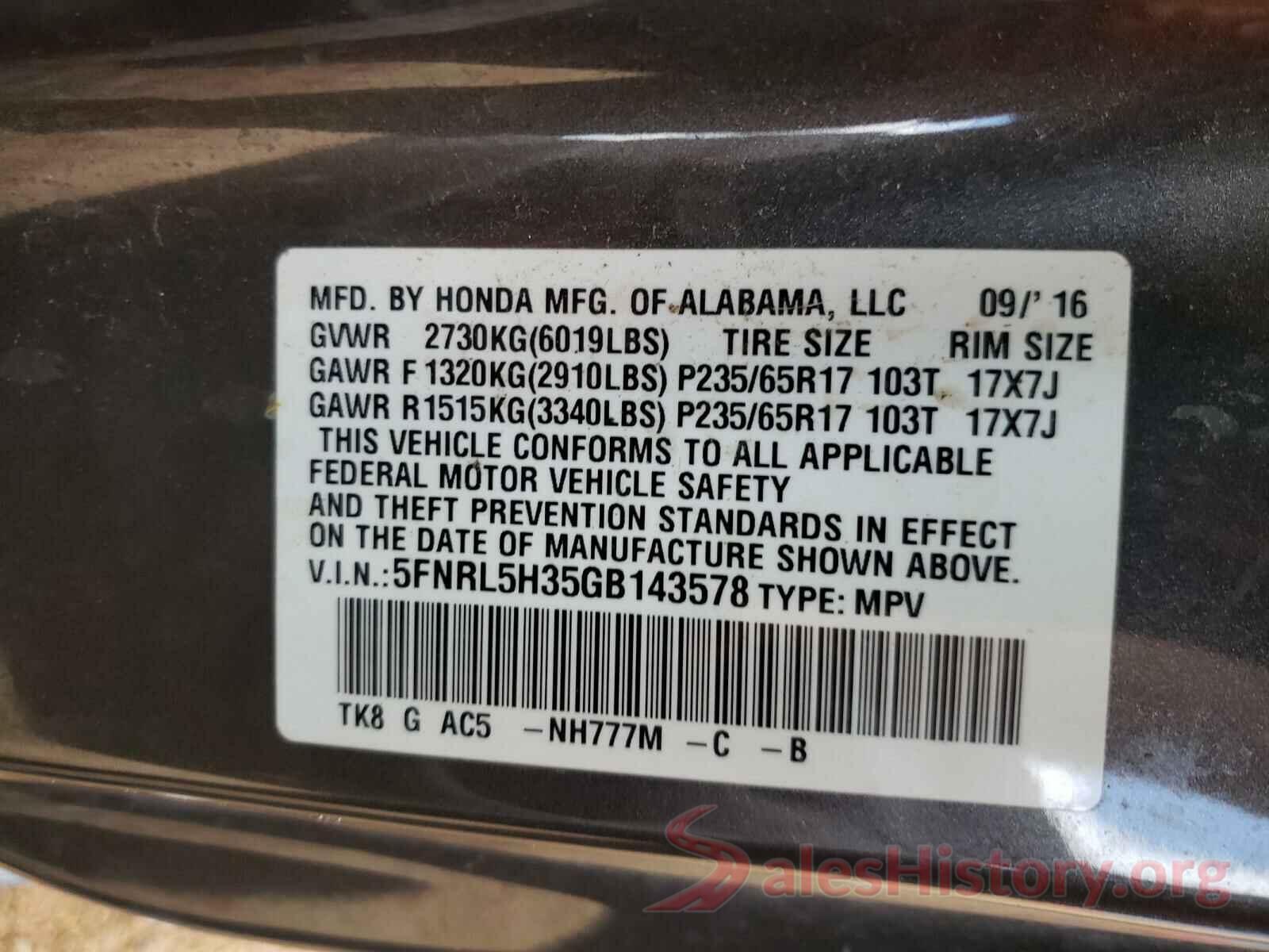 5FNRL5H35GB143578 2016 HONDA ODYSSEY