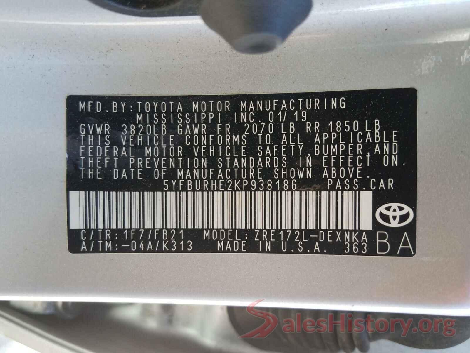 5YFBURHE2KP938186 2019 TOYOTA COROLLA