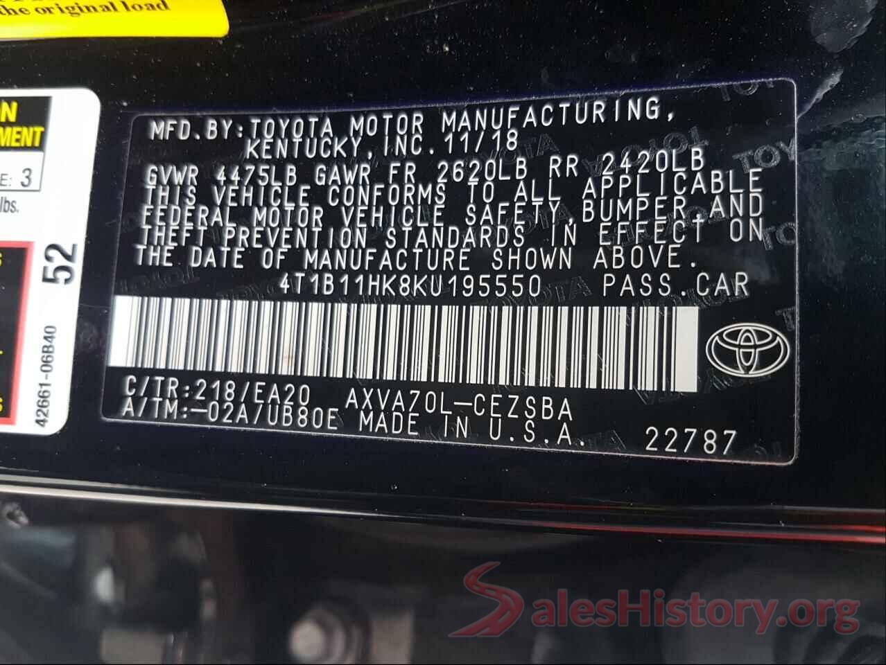 4T1B11HK8KU195550 2019 TOYOTA CAMRY