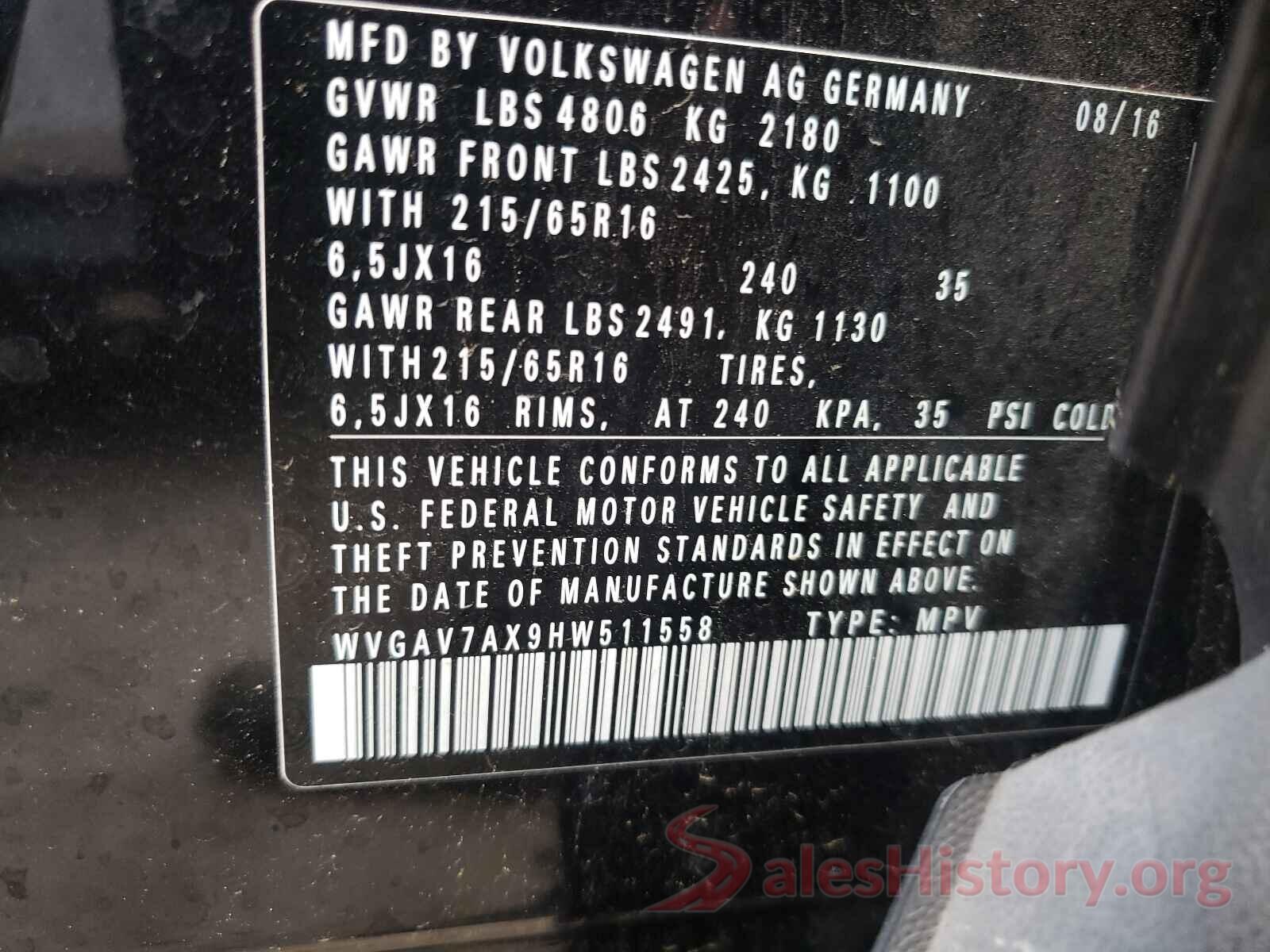 WVGAV7AX9HW511558 2017 VOLKSWAGEN TIGUAN