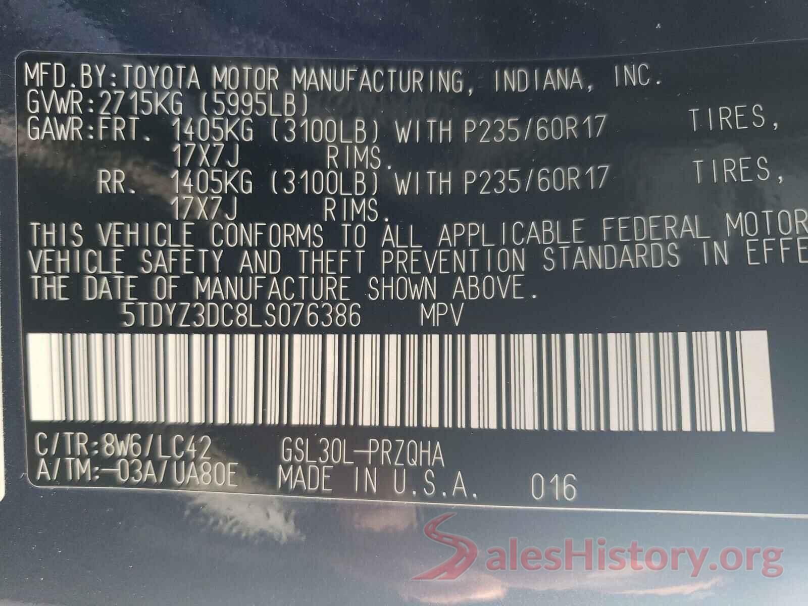 5TDYZ3DC8LS076386 2020 TOYOTA SIENNA