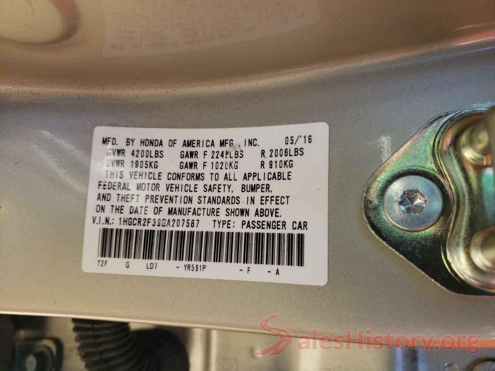 1HGCR2F39GA207587 2016 HONDA ACCORD