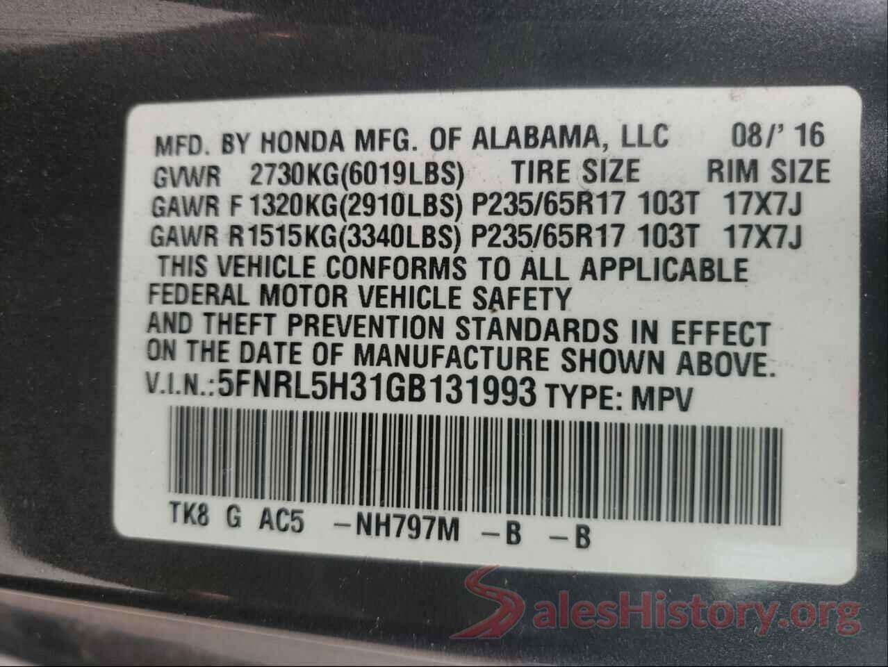 5FNRL5H31GB131993 2016 HONDA ODYSSEY