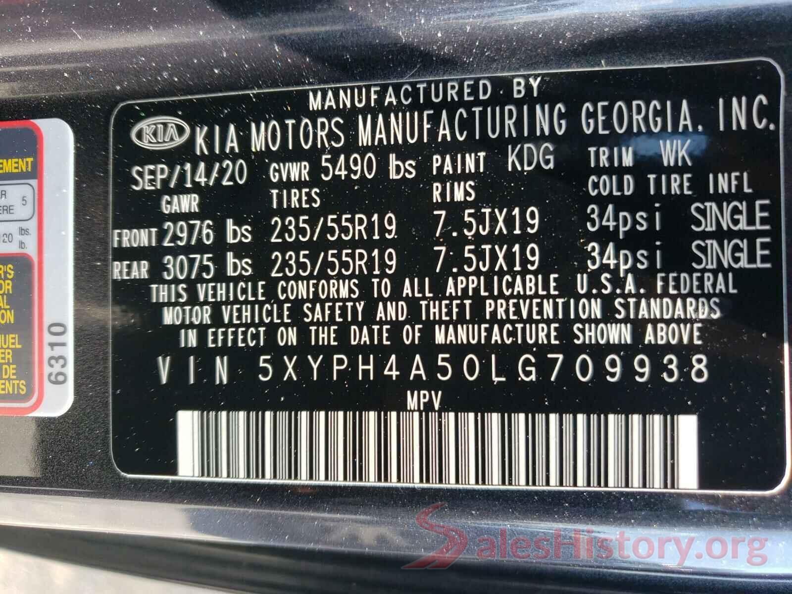 5XYPH4A50LG709938 2020 KIA SORENTO