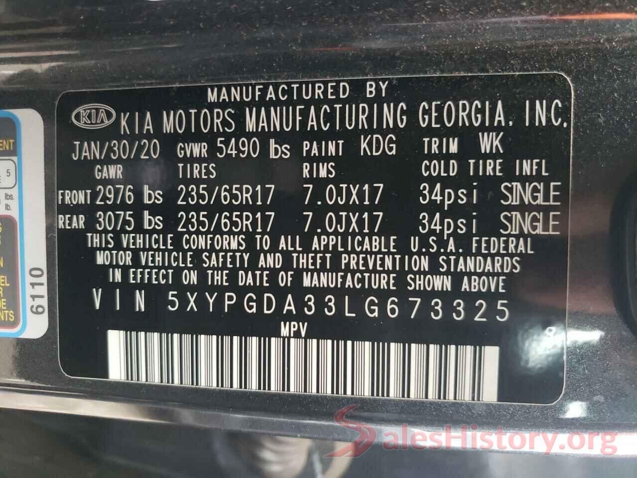 5XYPGDA33LG673325 2020 KIA SORENTO