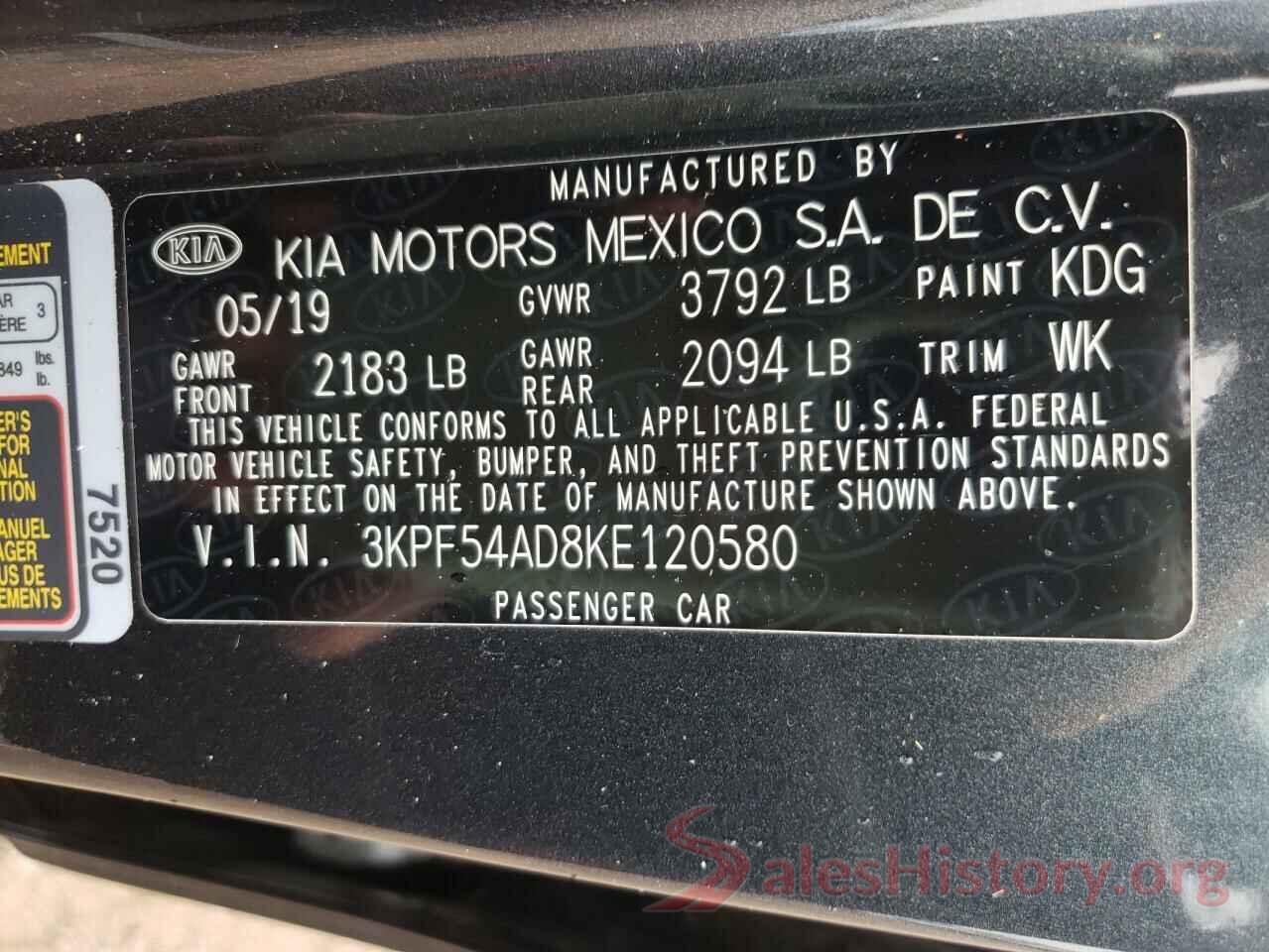 3KPF54AD8KE120580 2019 KIA FORTE